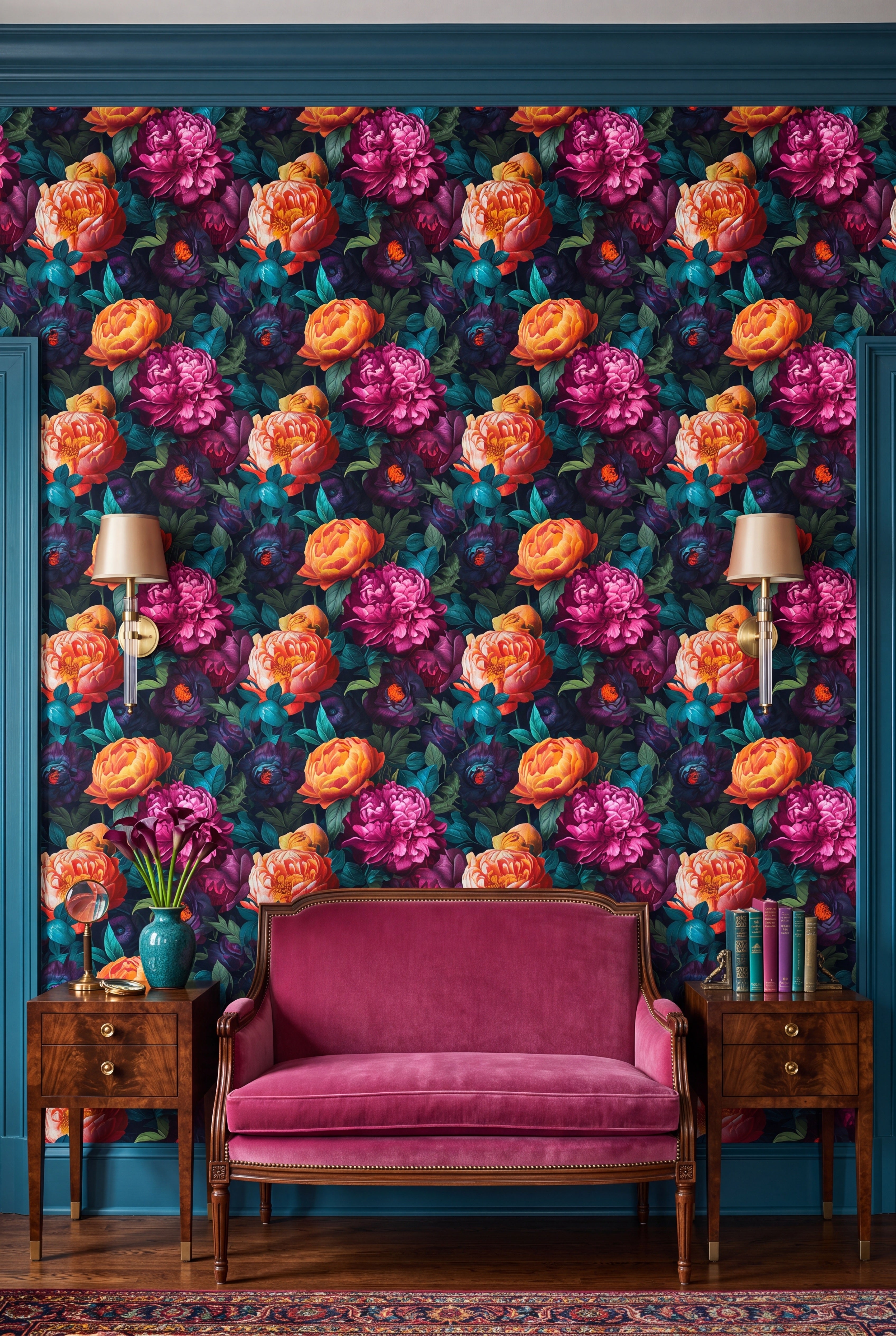 Jewel-tone red and plum peonies with green foliage wallpaper in a living room.