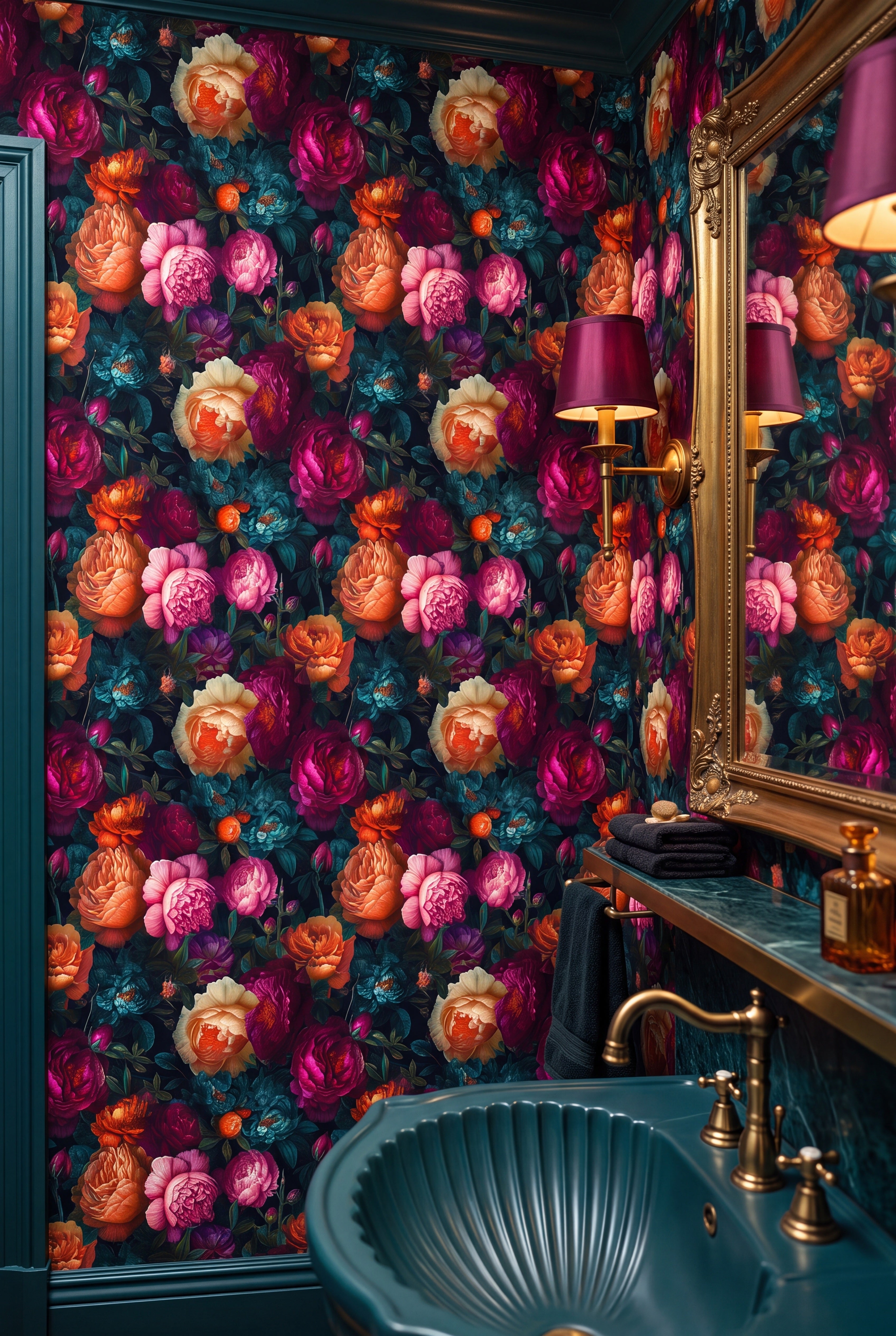 Jewel-tone peonies on a deep midnight ground wallpaper in a powder room.