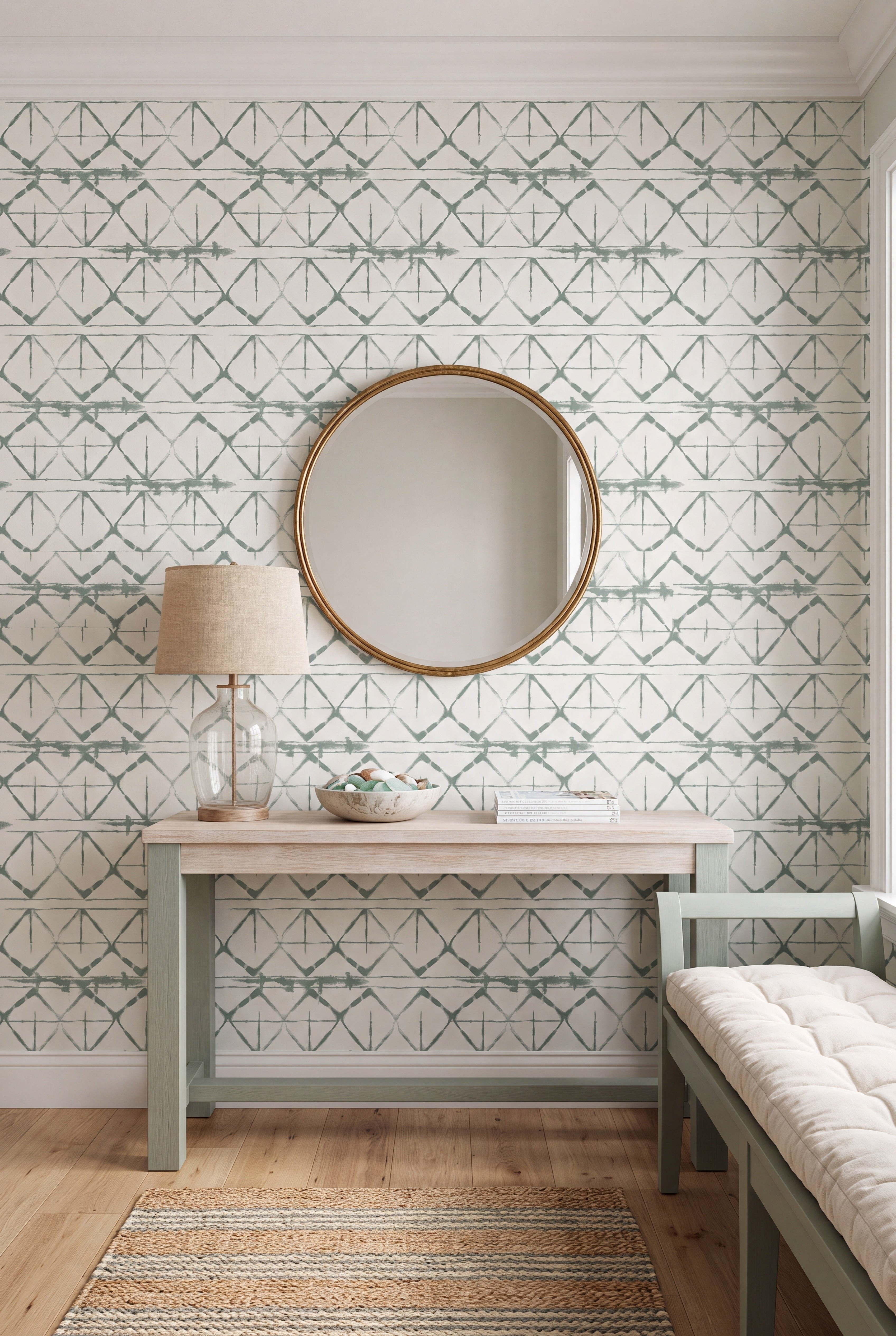 Sage green and white shibori diamond wallpaper in an entryway.