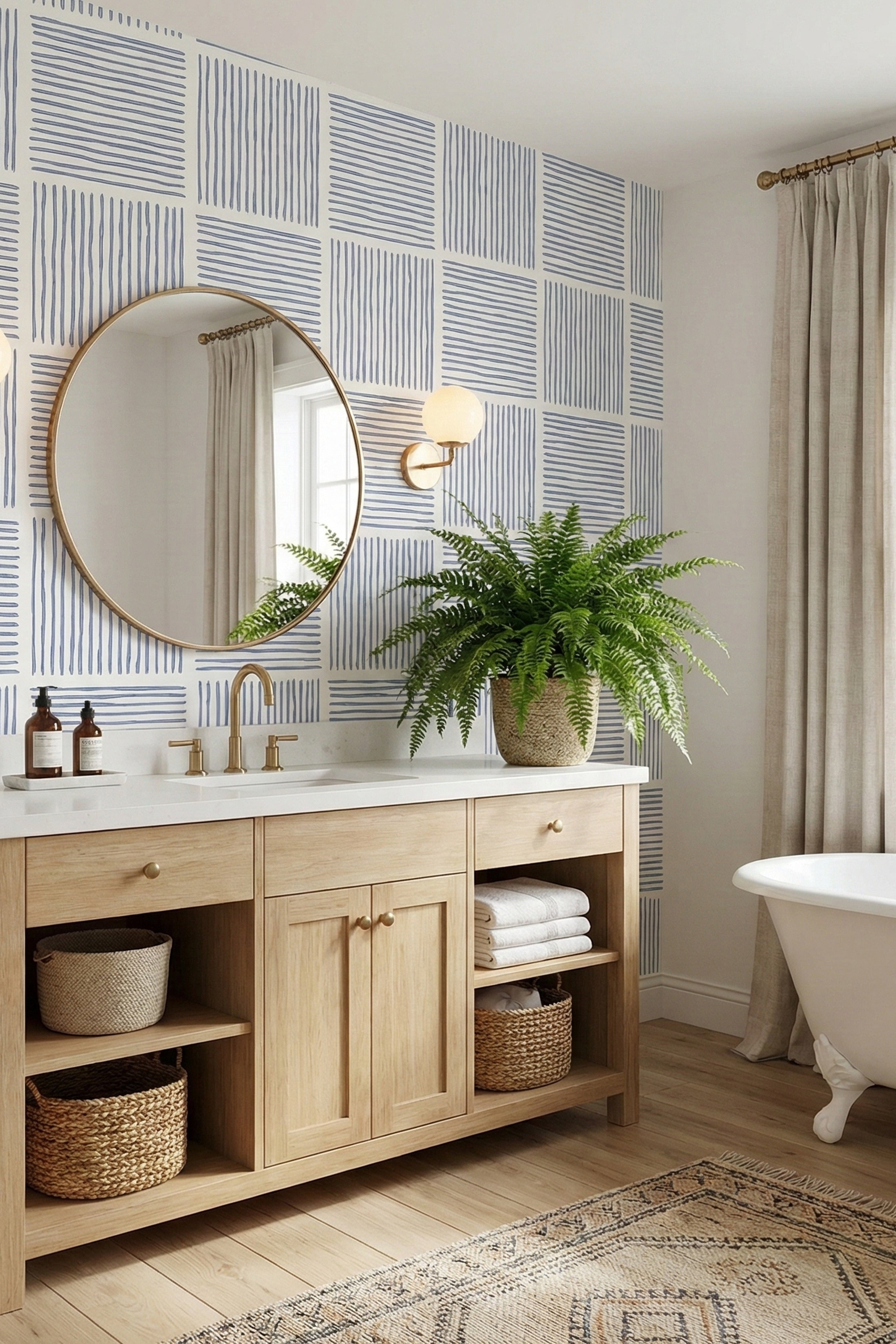 Soft indigo hand-drawn grid on white wallpaper in a bathroom.