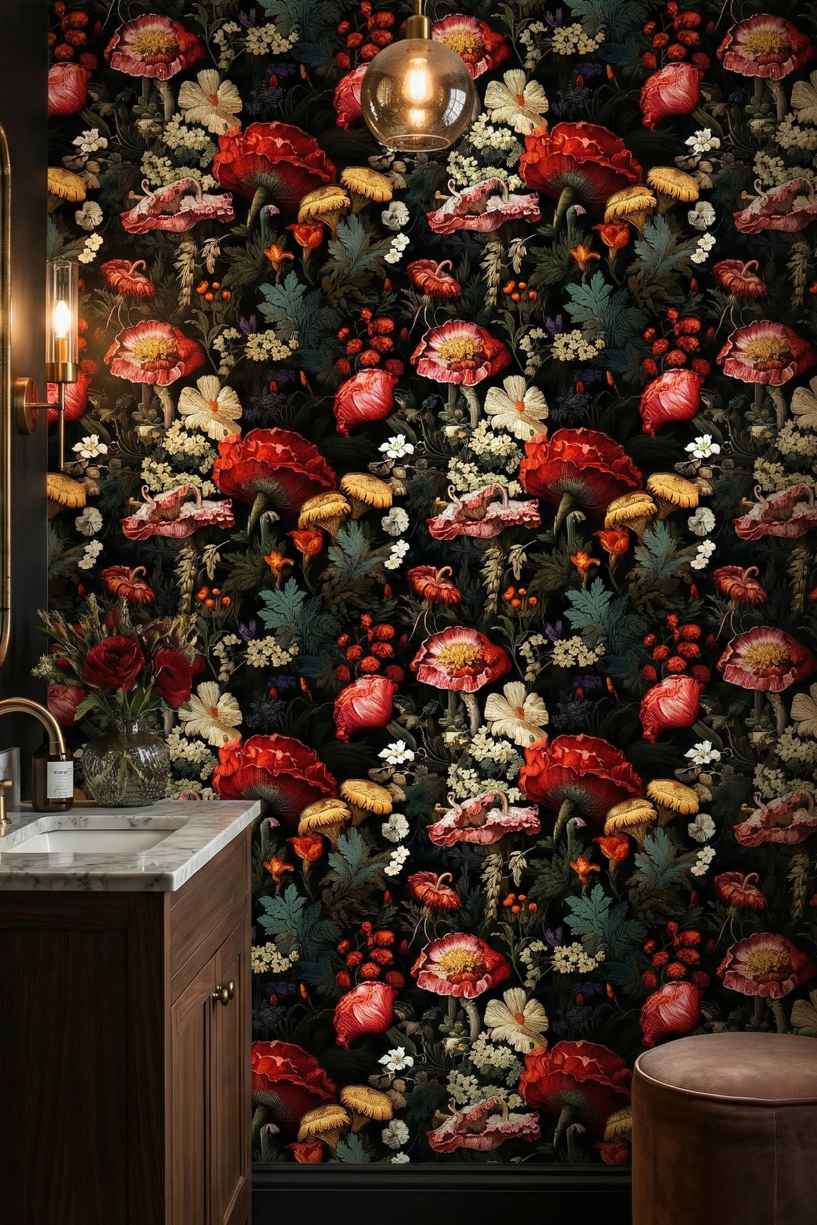 Red poppies and wildflowers on deep black botanical wallpaper in a powder room.