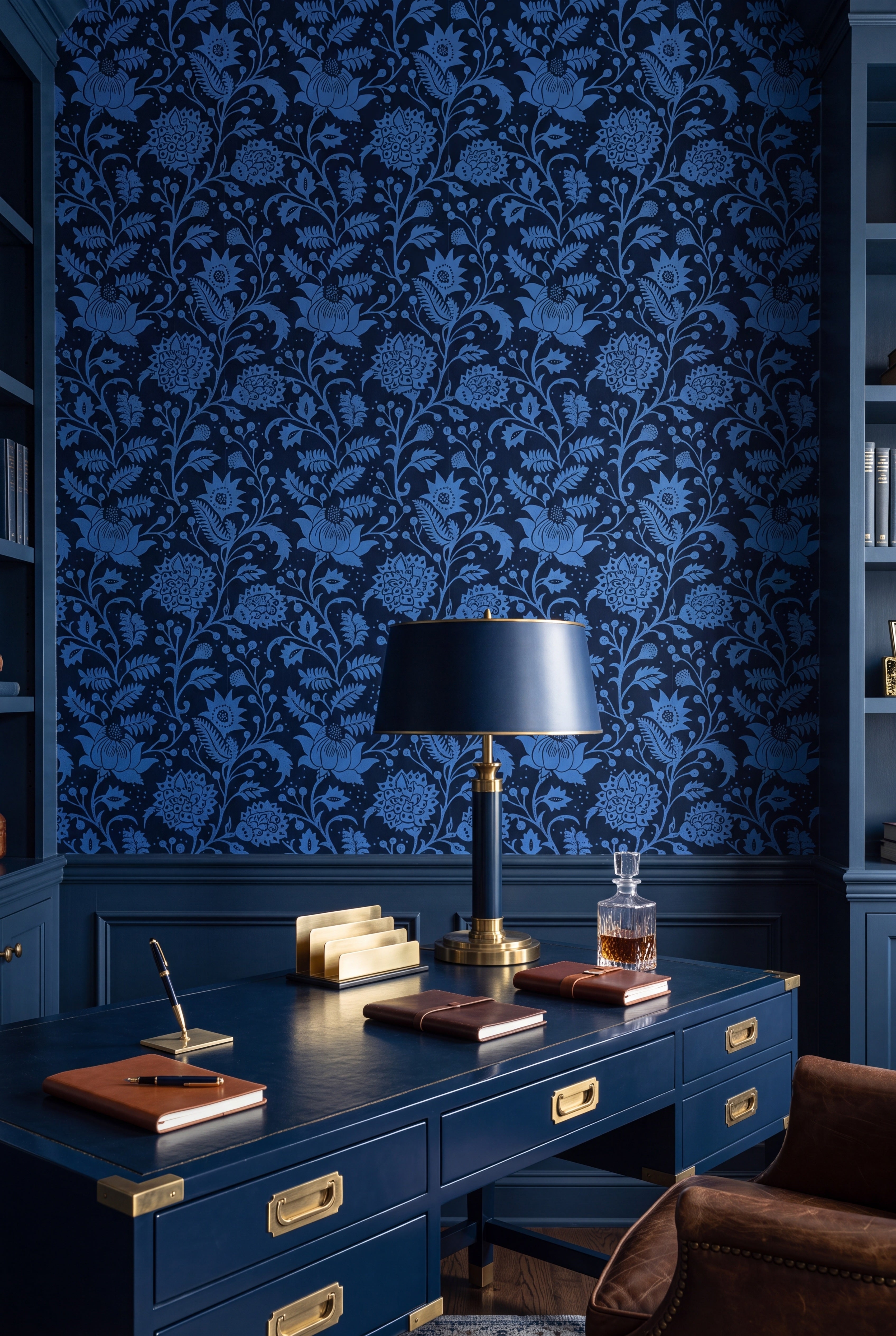 Dark navy block-print florals on soft black wallpaper in a home office.