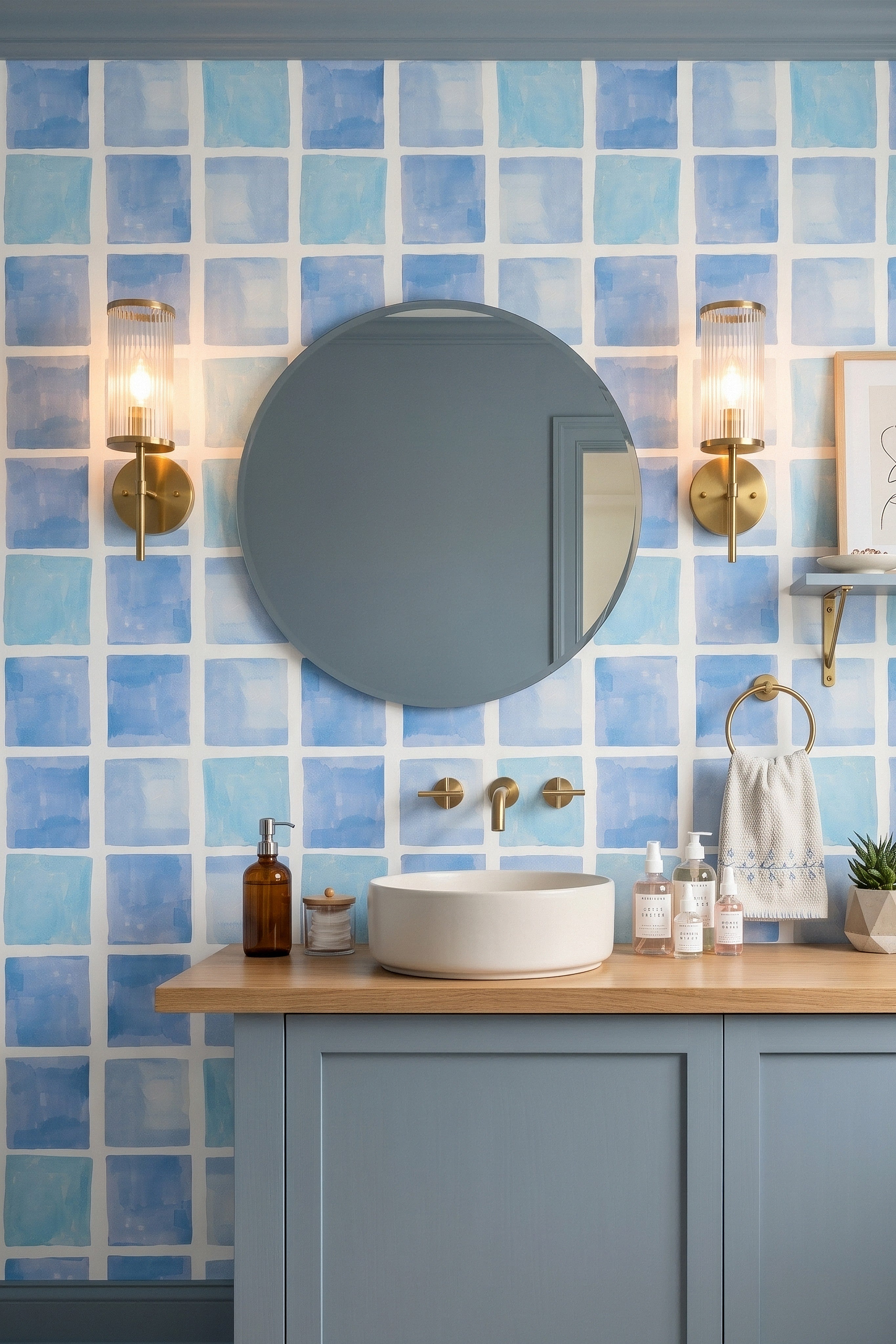 Soft blue watercolor tile-grid wallpaper in a powder room.