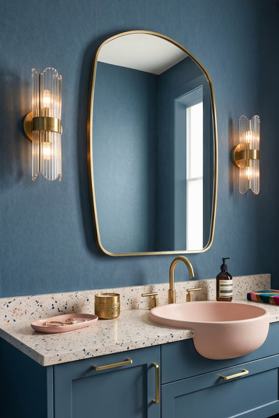 Deep navy mottled limewash plaster wallpaper in a powder room.