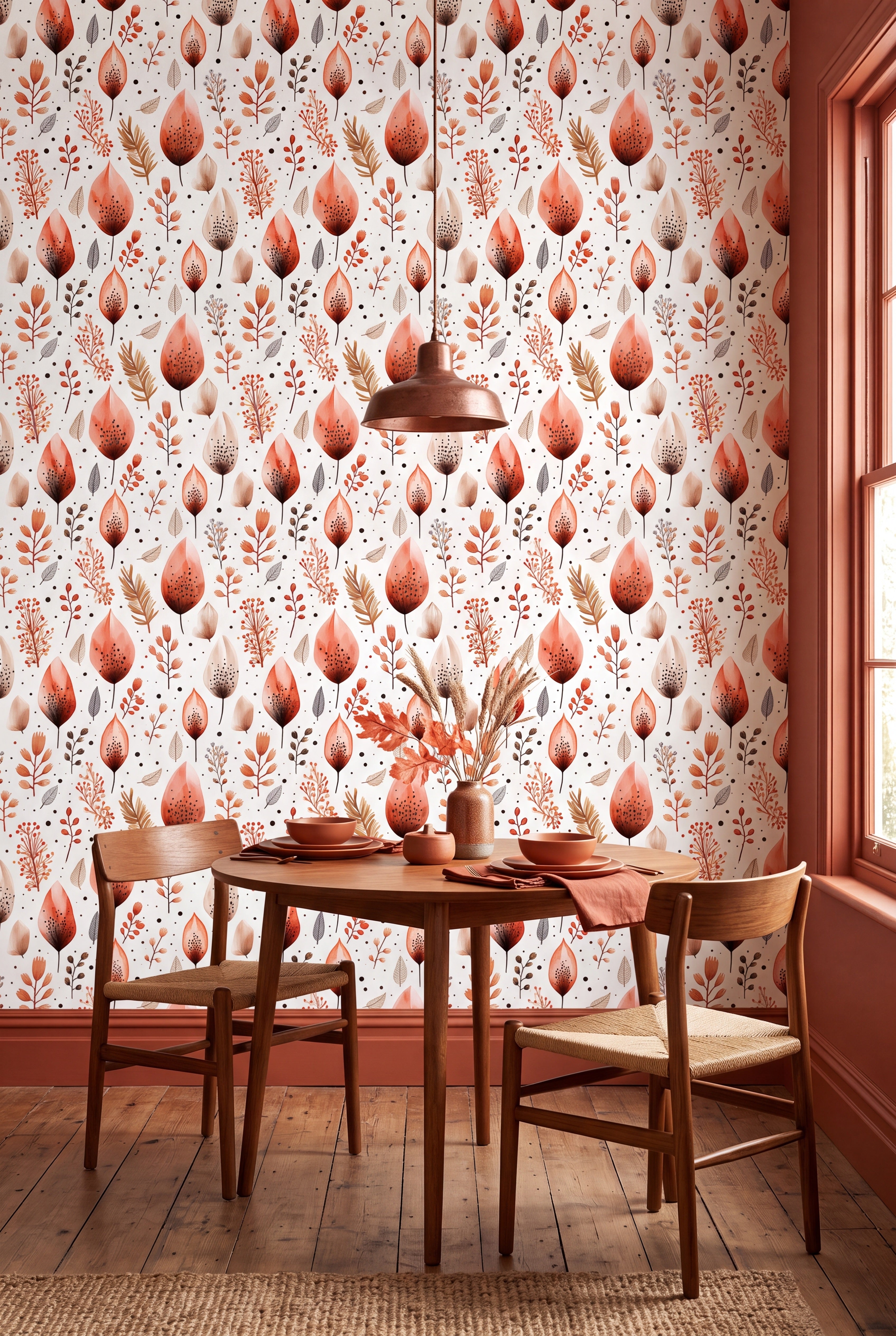 Terracotta watercolor leaves and berries on crisp white wallpaper in a cozy nook.
