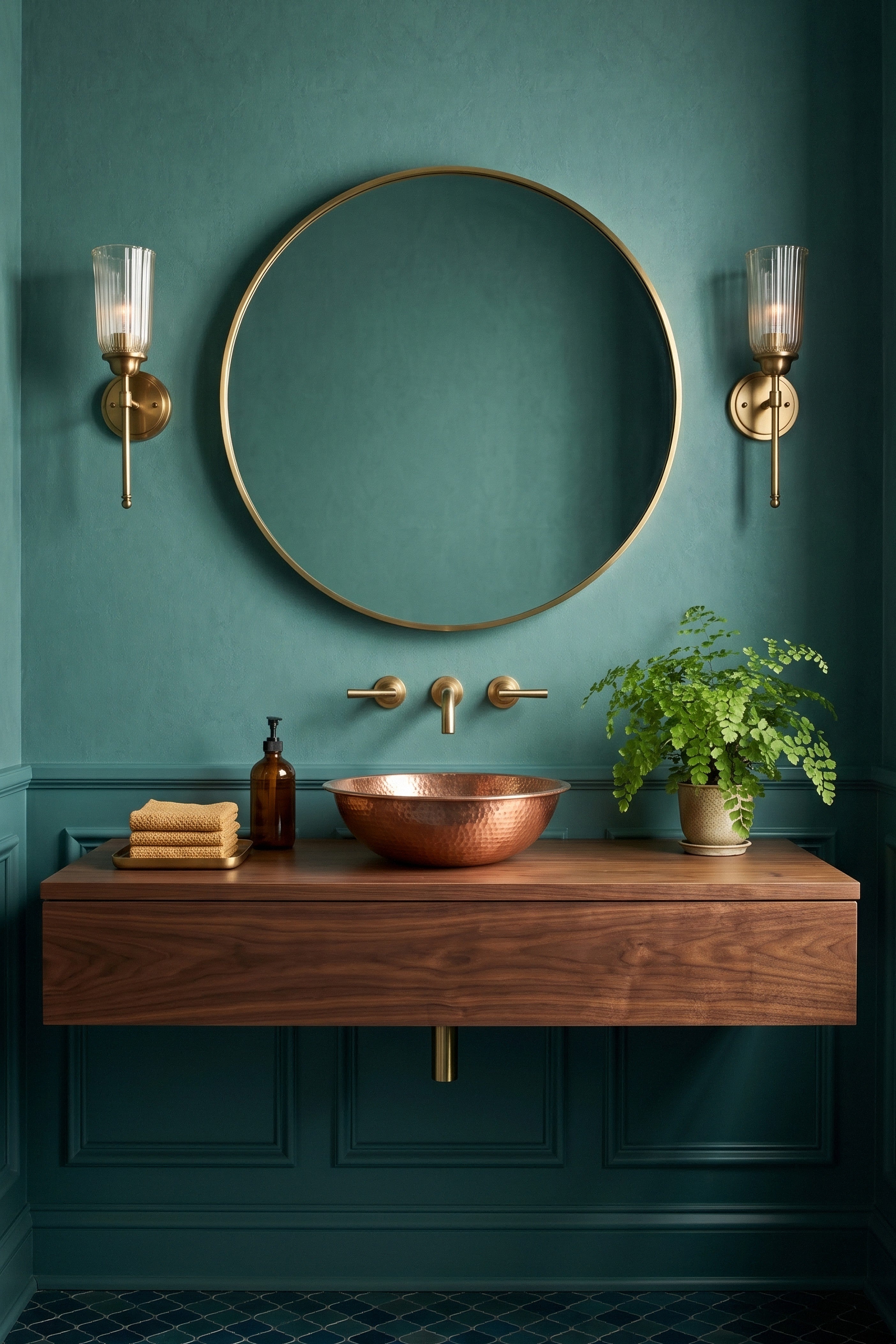 Green-teal limewash wallpaper with a soft plaster texture in a powder room.