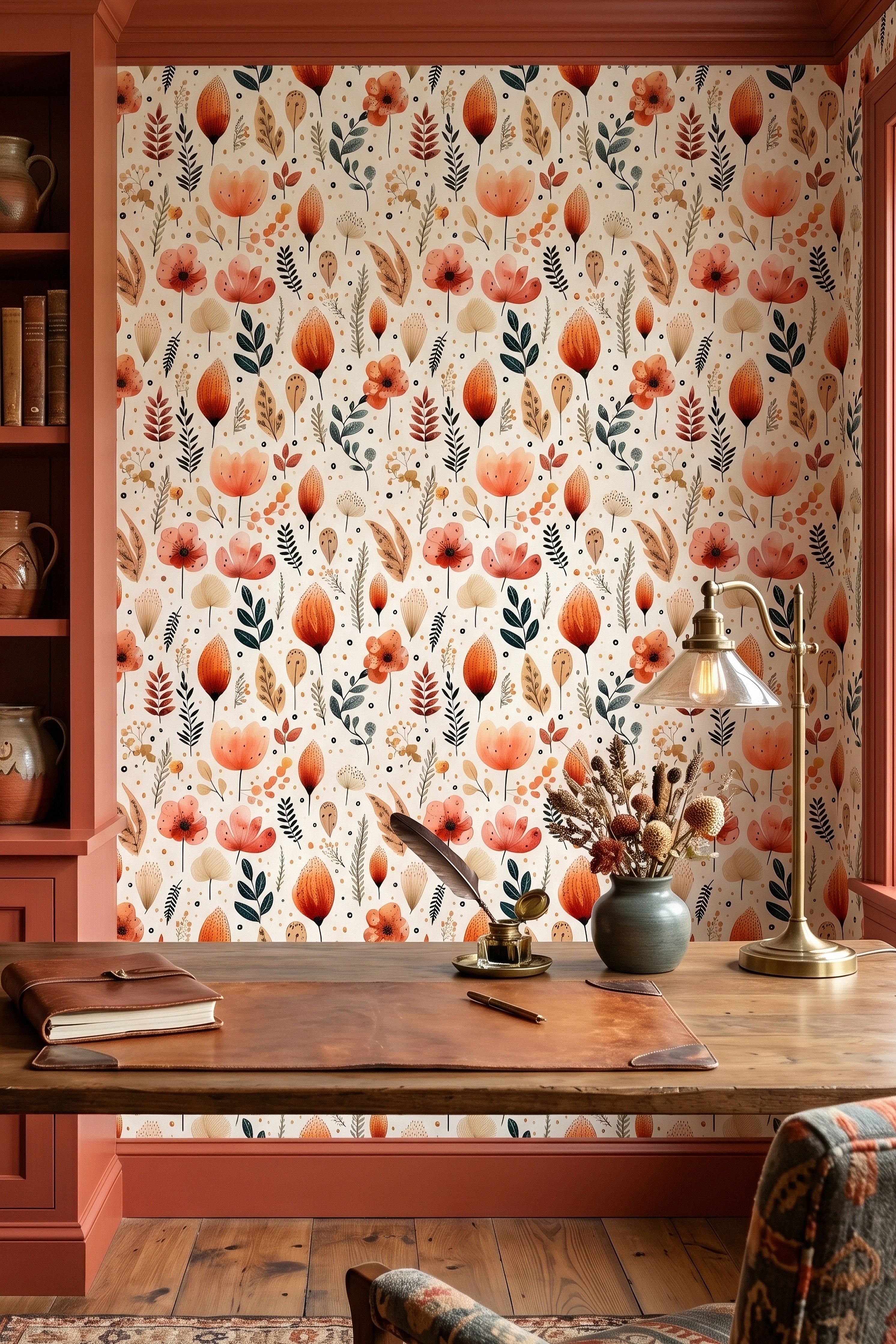 Terracotta blooms and inky leaves on ivory meadow wallpaper in a home office.
