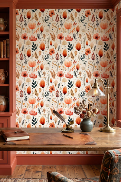 Terracotta blooms and inky leaves on ivory meadow wallpaper in a home office.