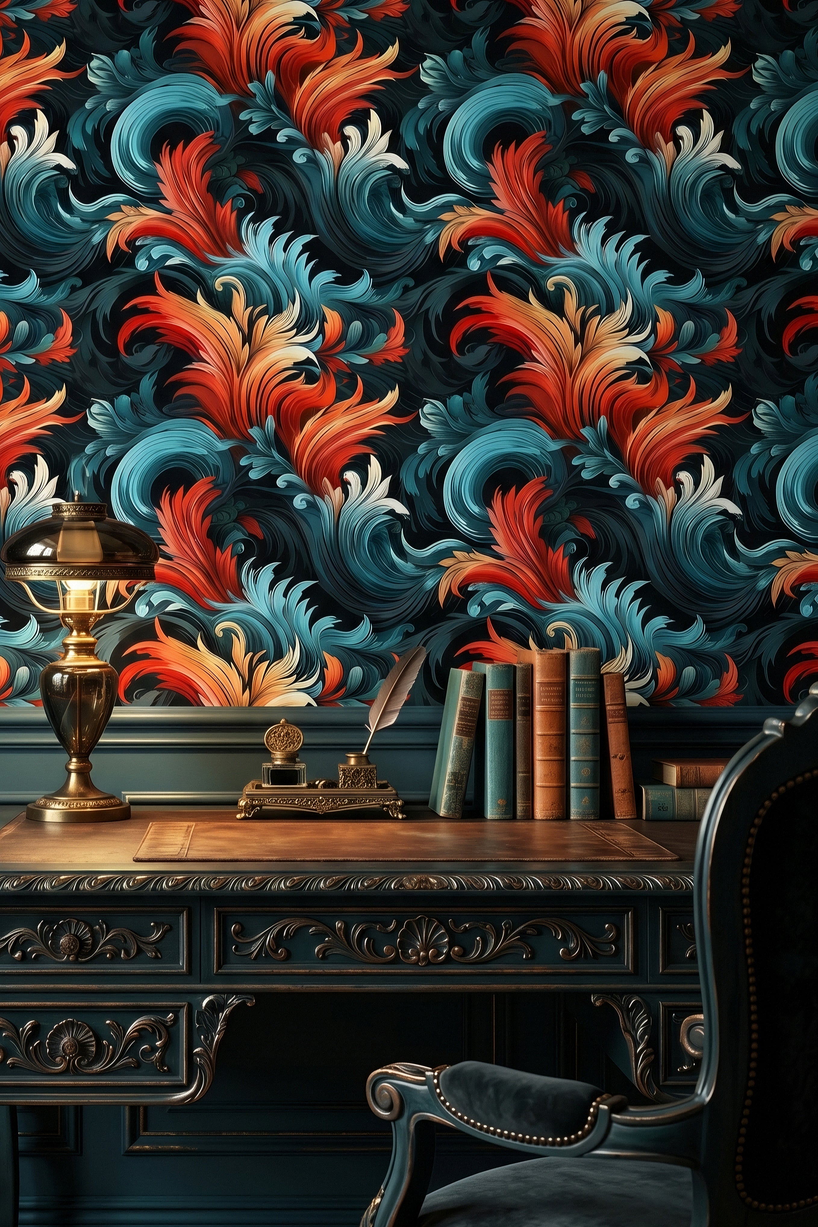 Teal and burnt orange baroque plumes on black wallpaper in a home office.