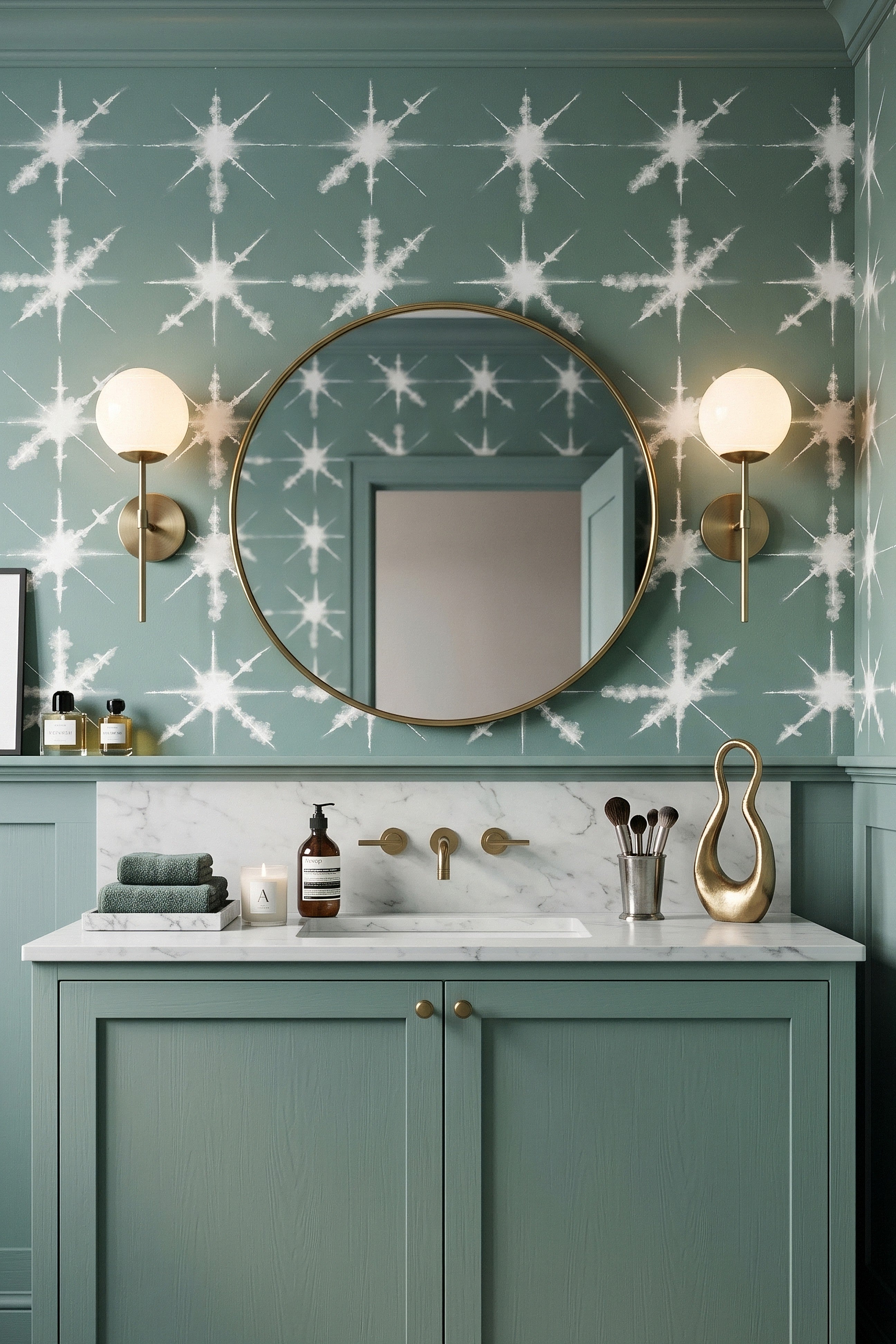 Soft sage green mid-century starbursts wallpaper in a powder room.