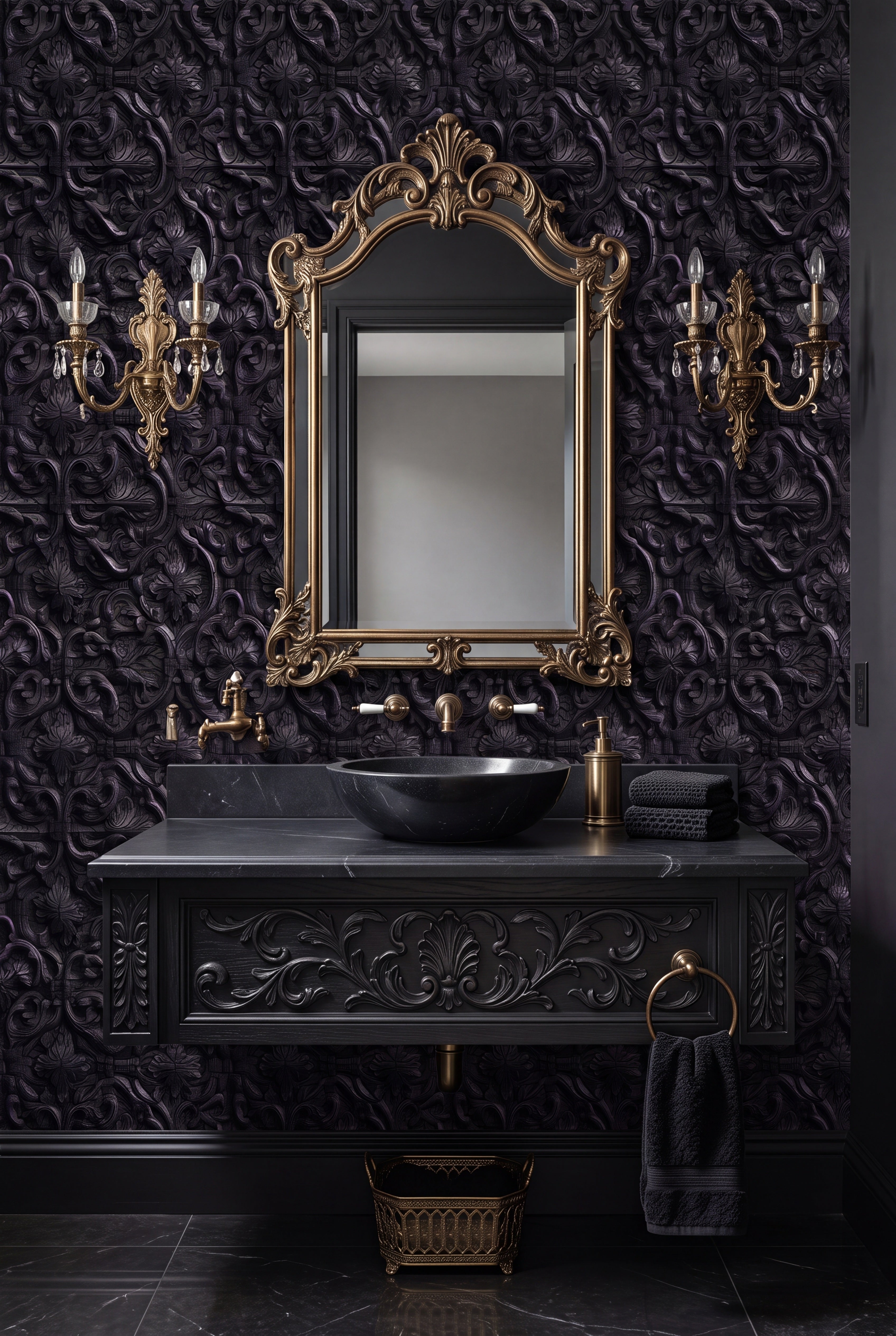 Deep black baroque scrollwork with pressed-tin depth wallpaper in a powder room.