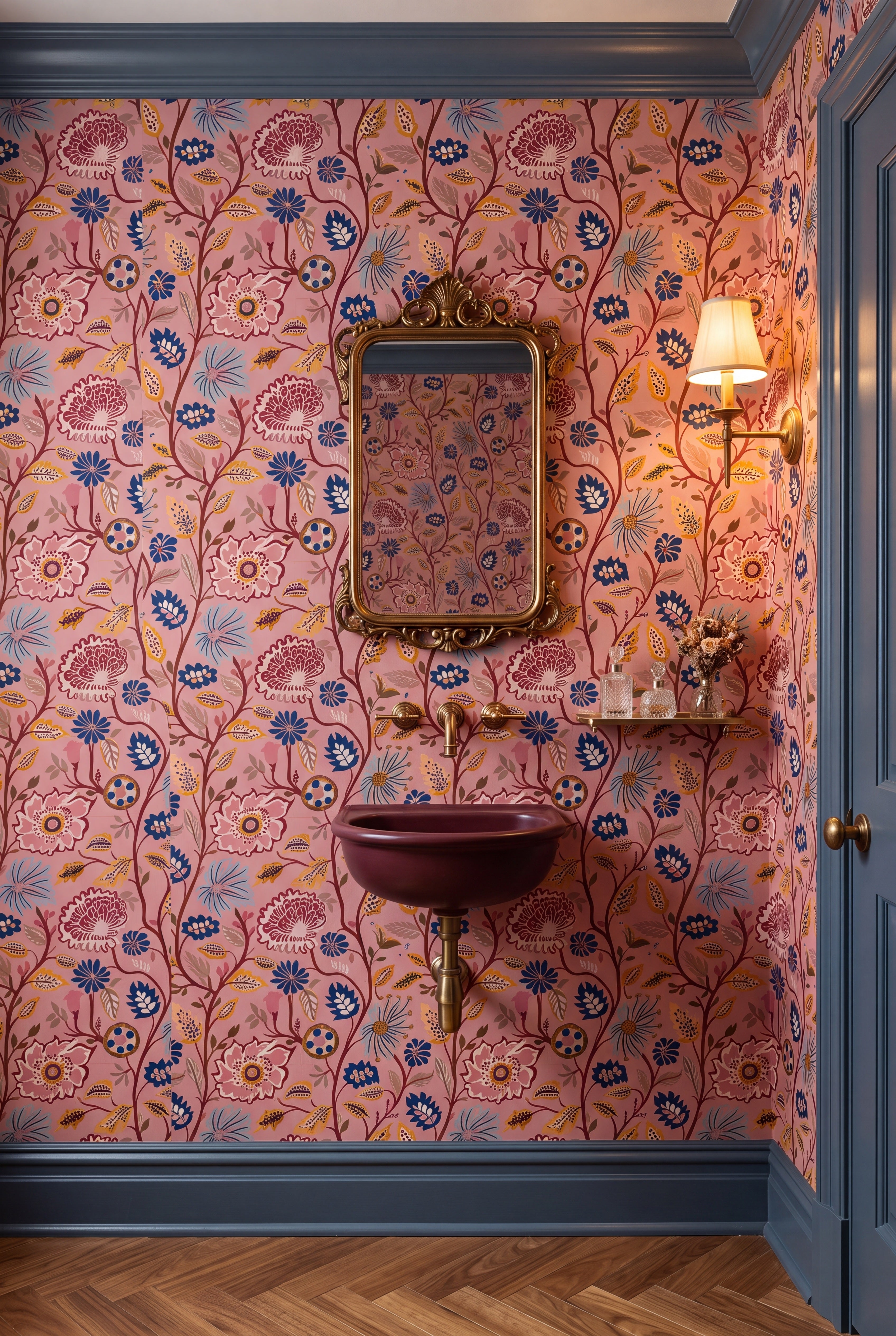 Blush and rose vintage garden florals on light wallpaper in a powder room.