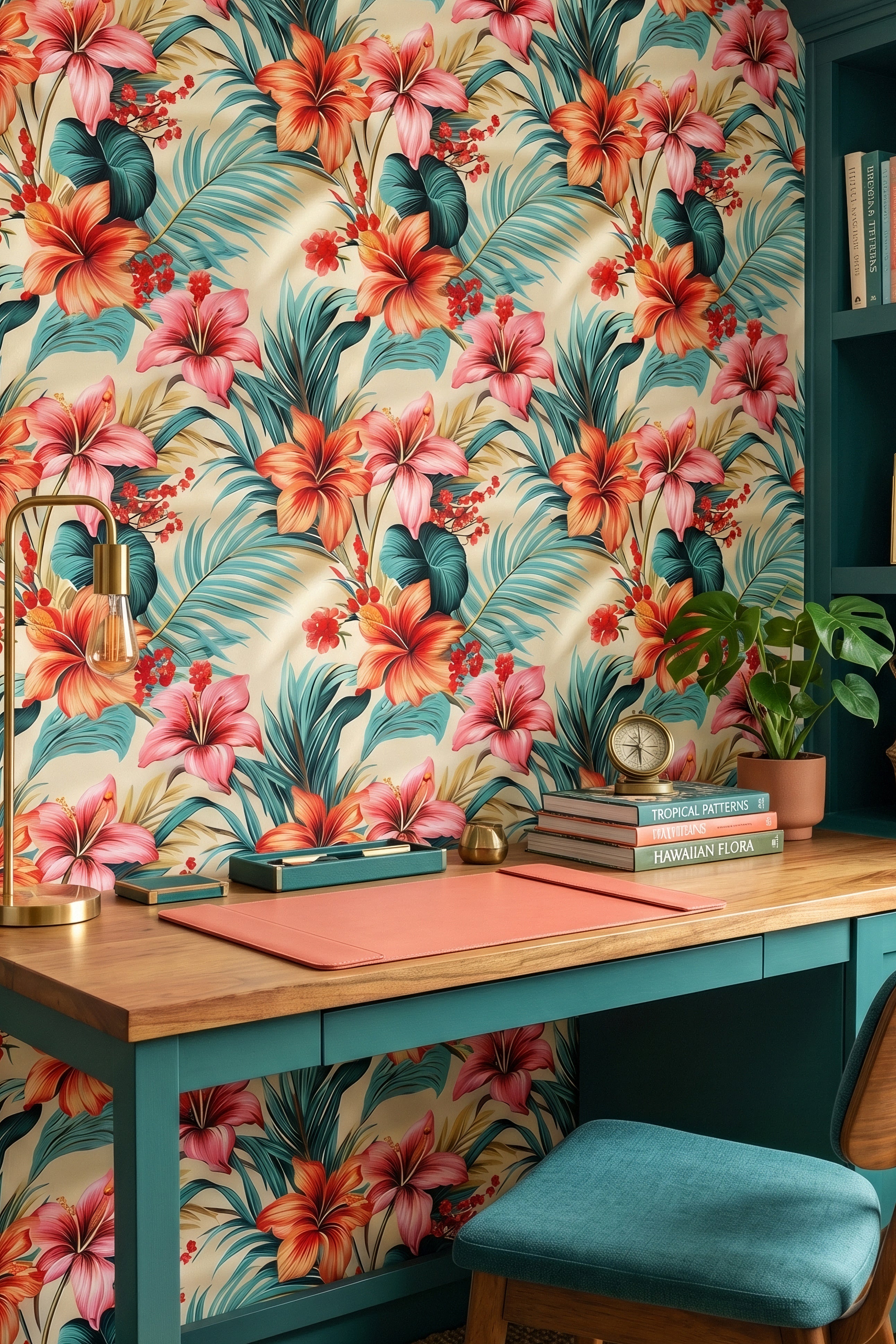 Coral-pink hibiscus and teal palms on warm cream wallpaper in a home office.