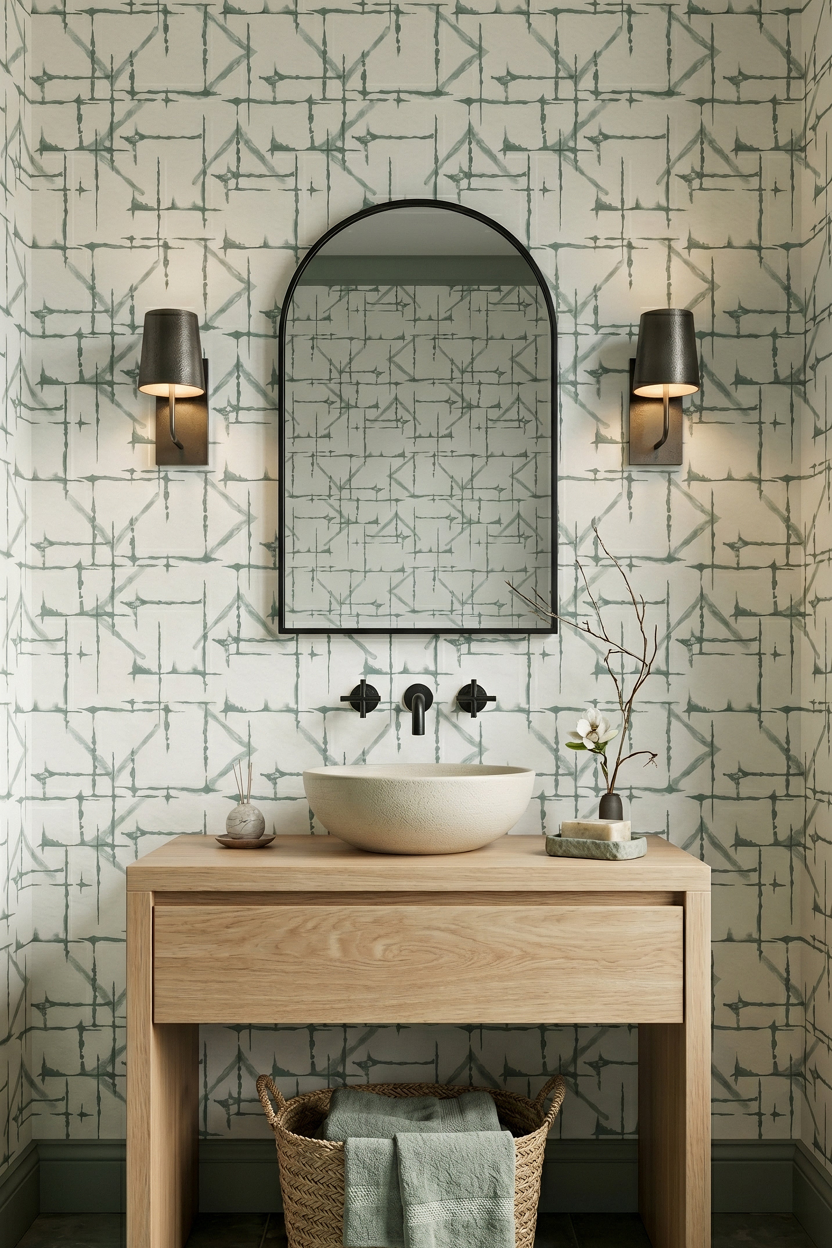 Sage green watercolor lattice on crisp white wallpaper in a powder room.