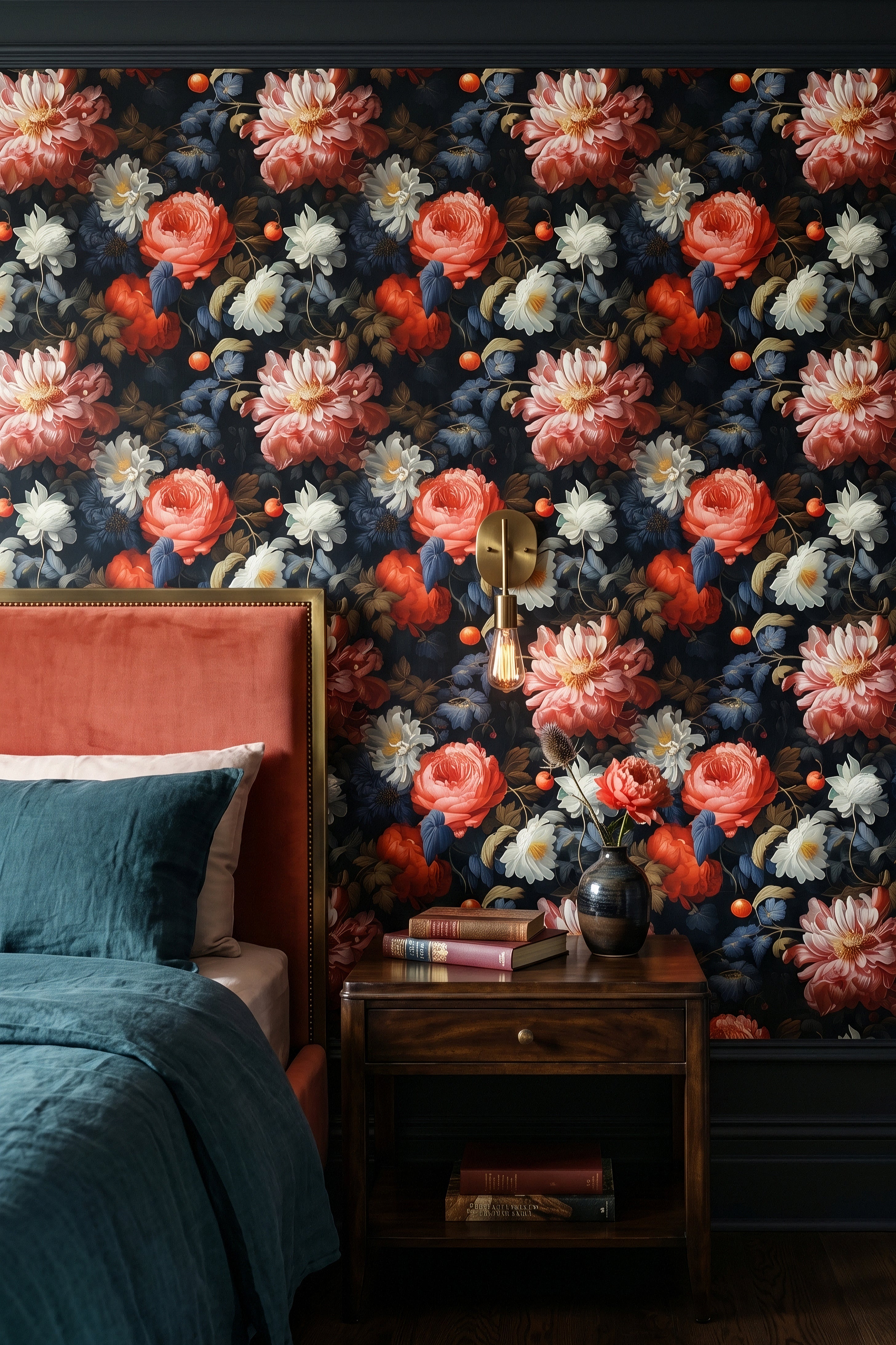 Coral and ivory oversized peonies on deep black wallpaper in a bedroom.