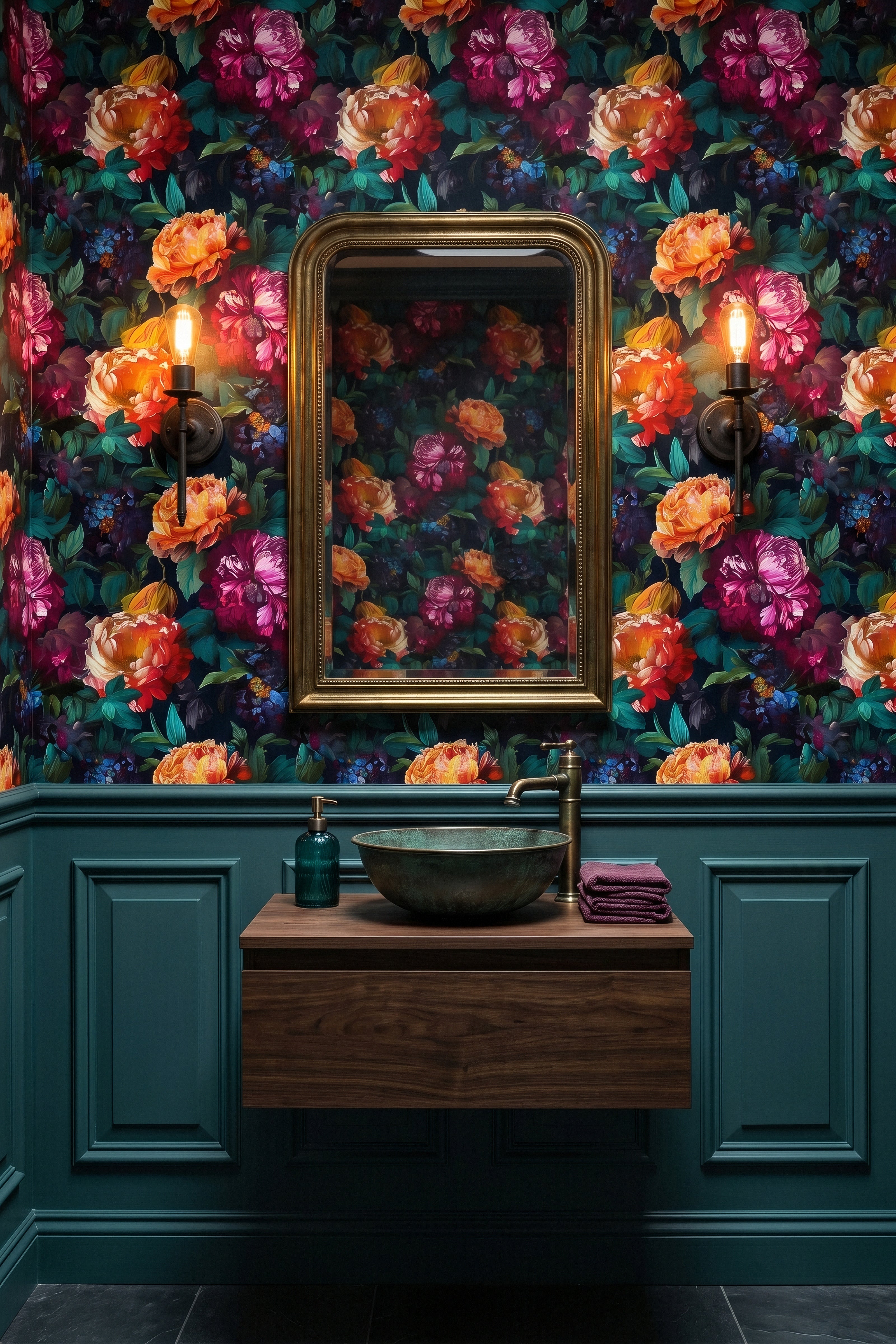 Magenta peonies with teal leaves on midnight navy wallpaper in a powder room.
