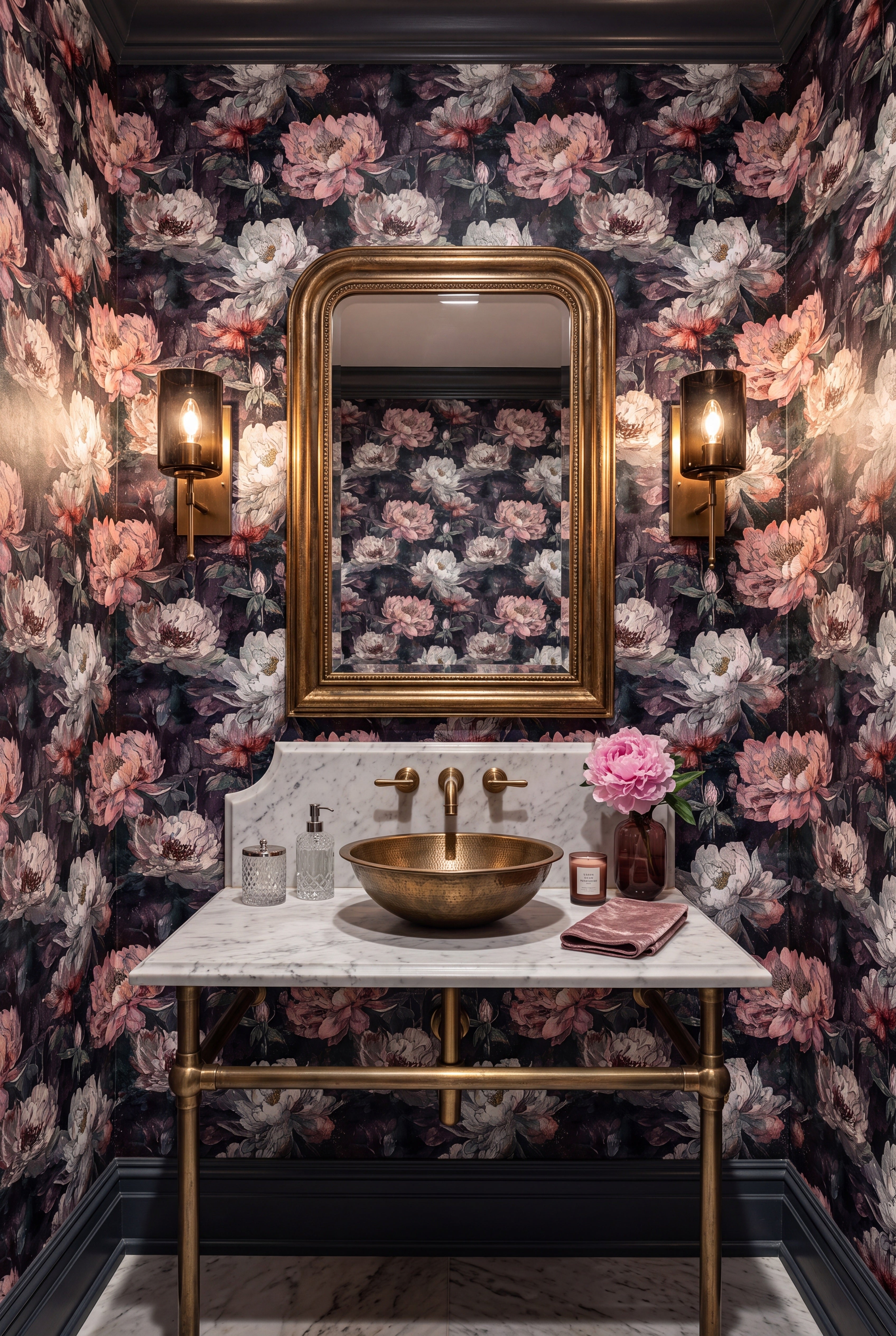 Intricate gothic florals on a deep shadowed dark wallpaper in a powder room.
