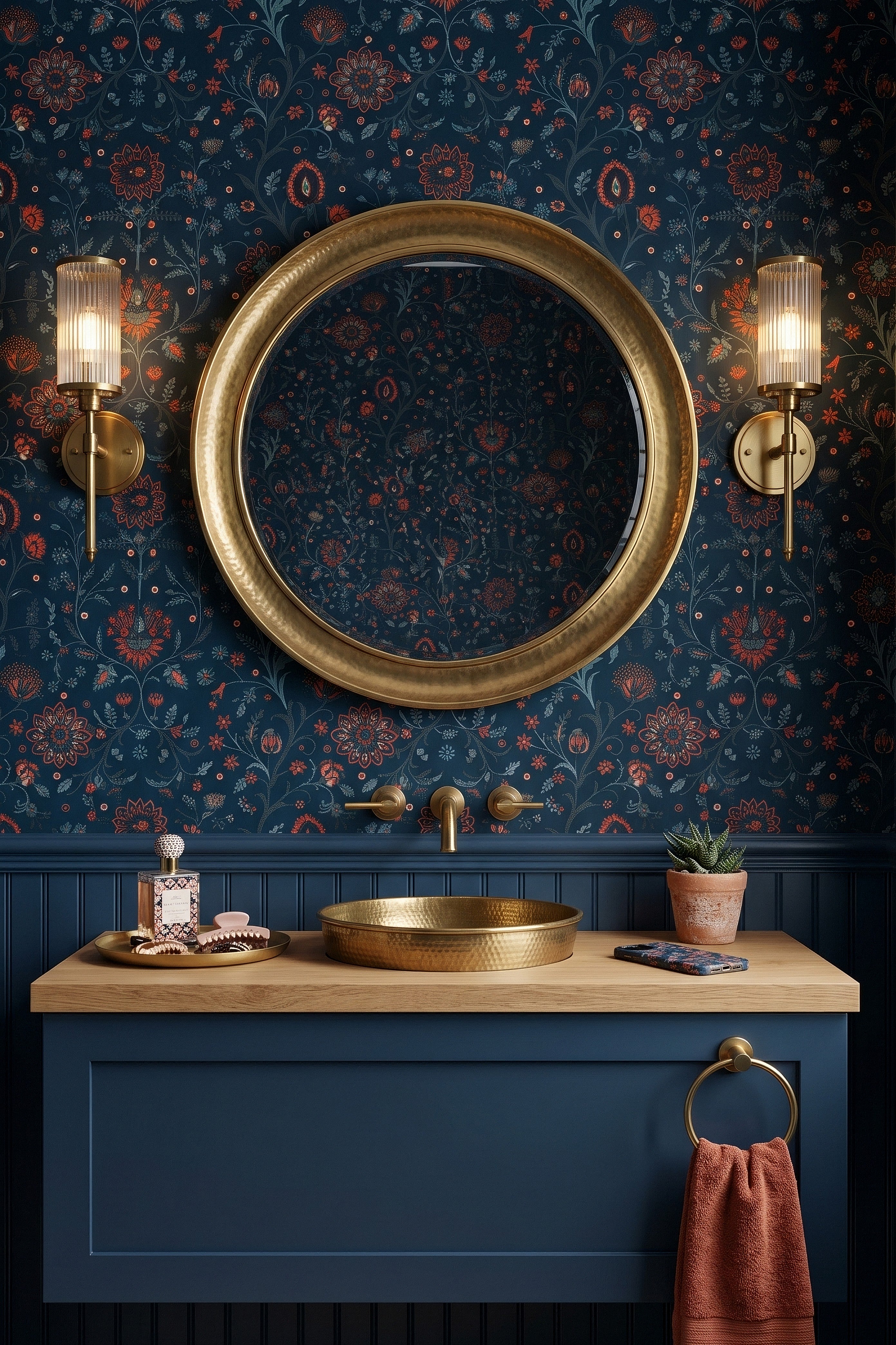 Navy block-print blooms on a dark Scandinavian wallpaper in a powder room.