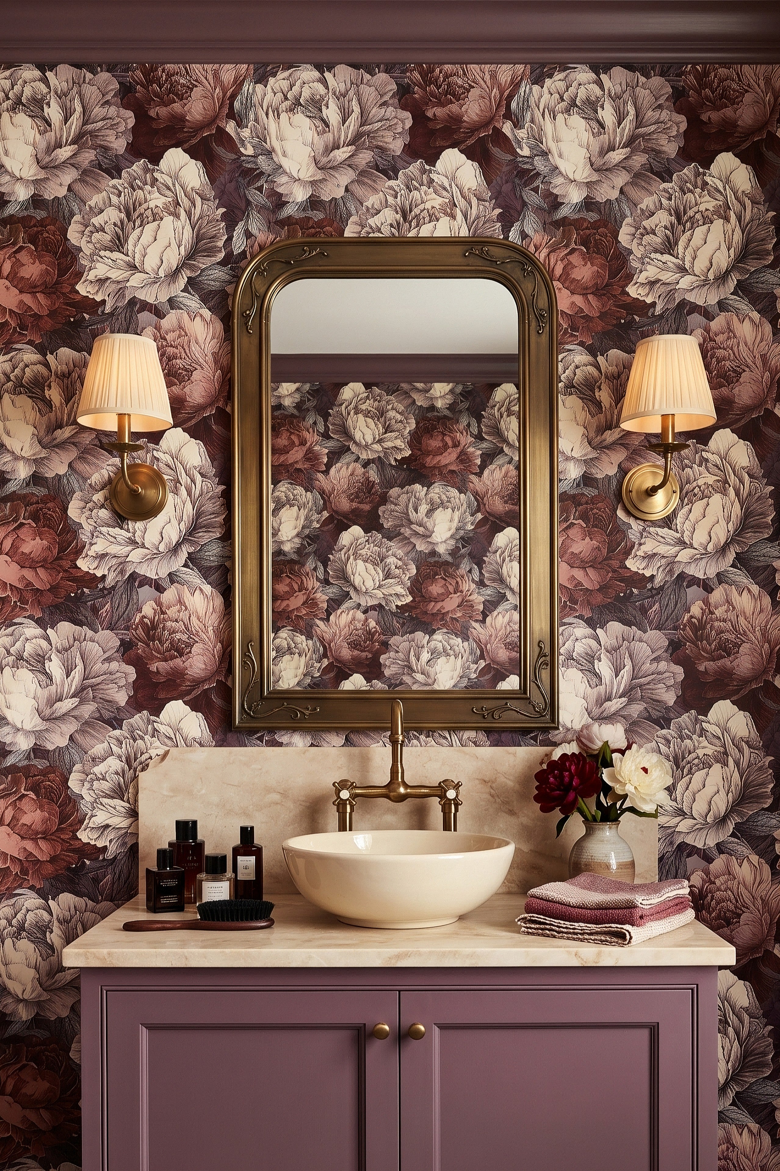 Vintage peonies dissolving into inky shadow on dark wallpaper in a powder room.