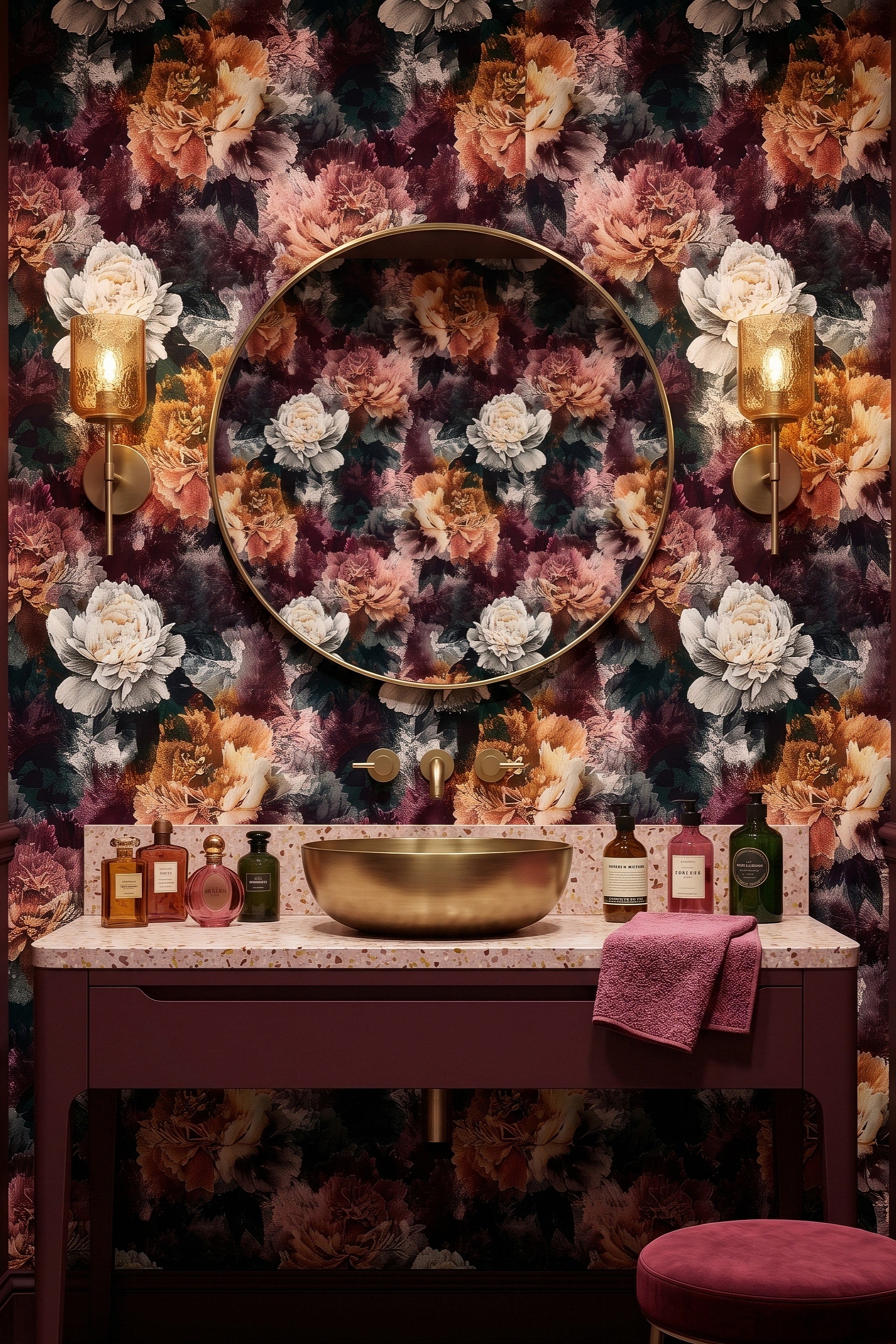 Lush peonies in deep inky shading wallpaper in a powder room.