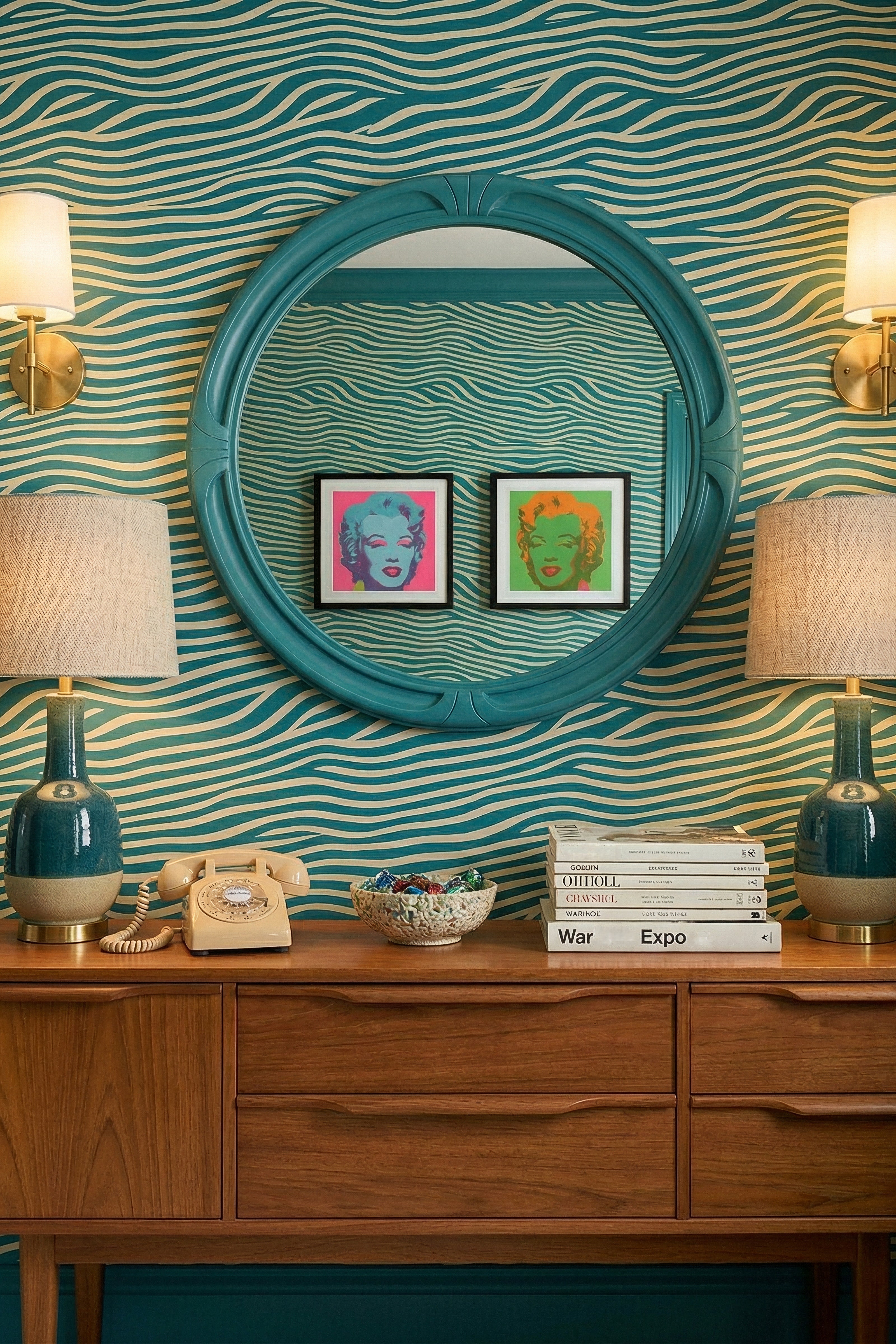 Retro green and sand pop-art lines on linen-textured wallpaper in an entryway.