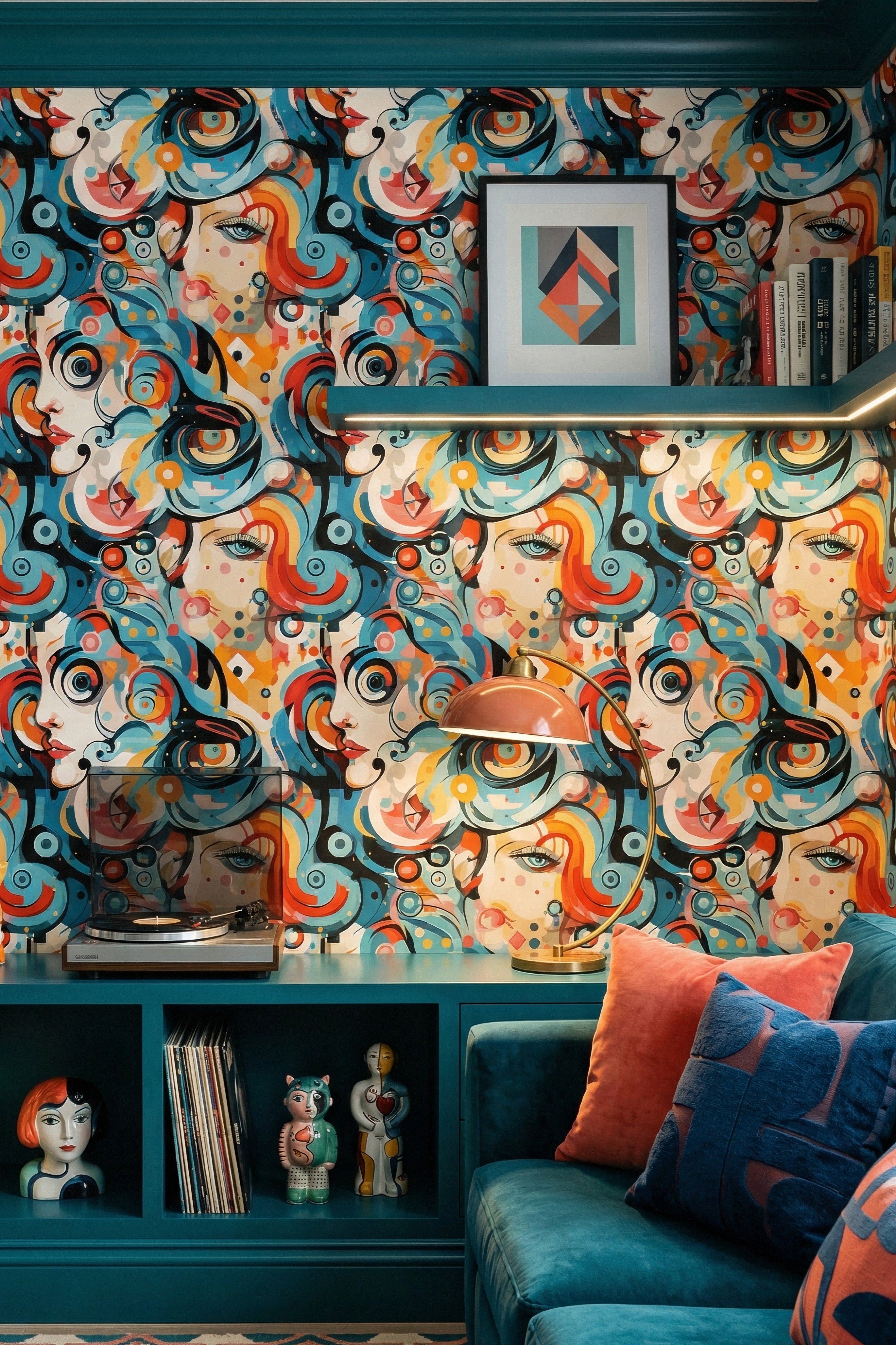 Teal and coral pop-art abstract face wallpaper in a media room.