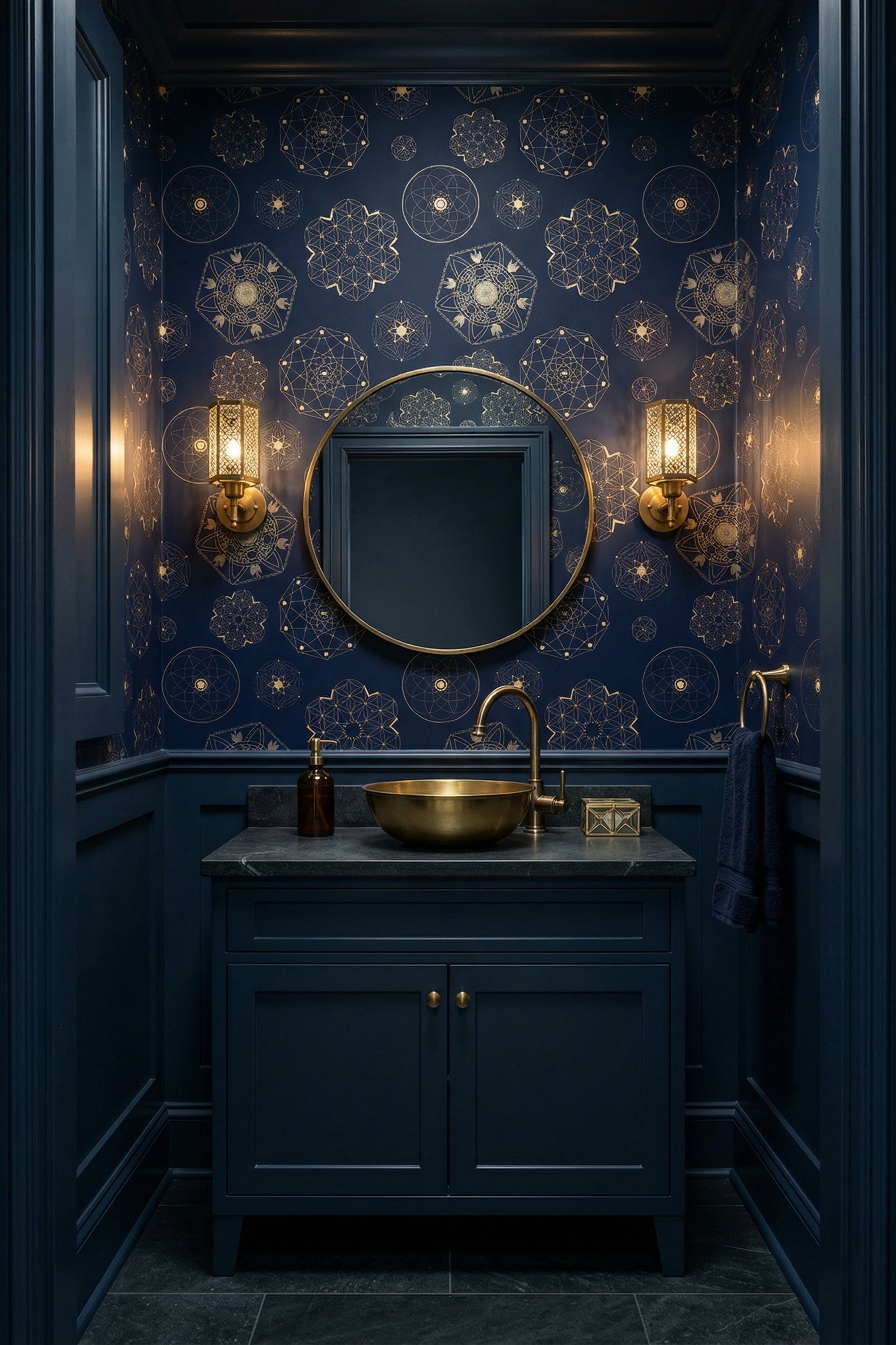 Fine gold celestial medallions on midnight navy wallpaper in a powder room.