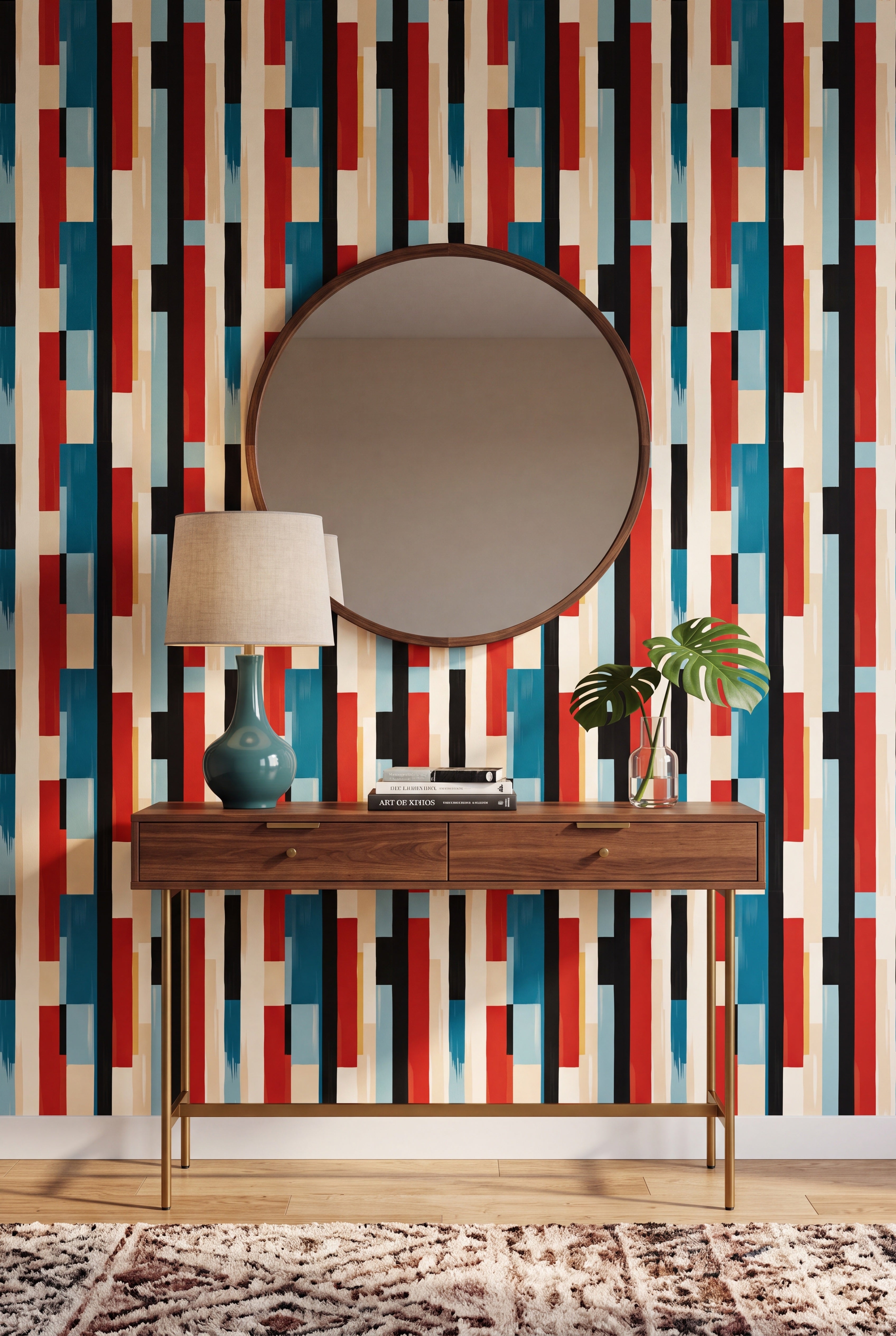 Bold mid-century color-block vertical stripe wallpaper on an accent wall.