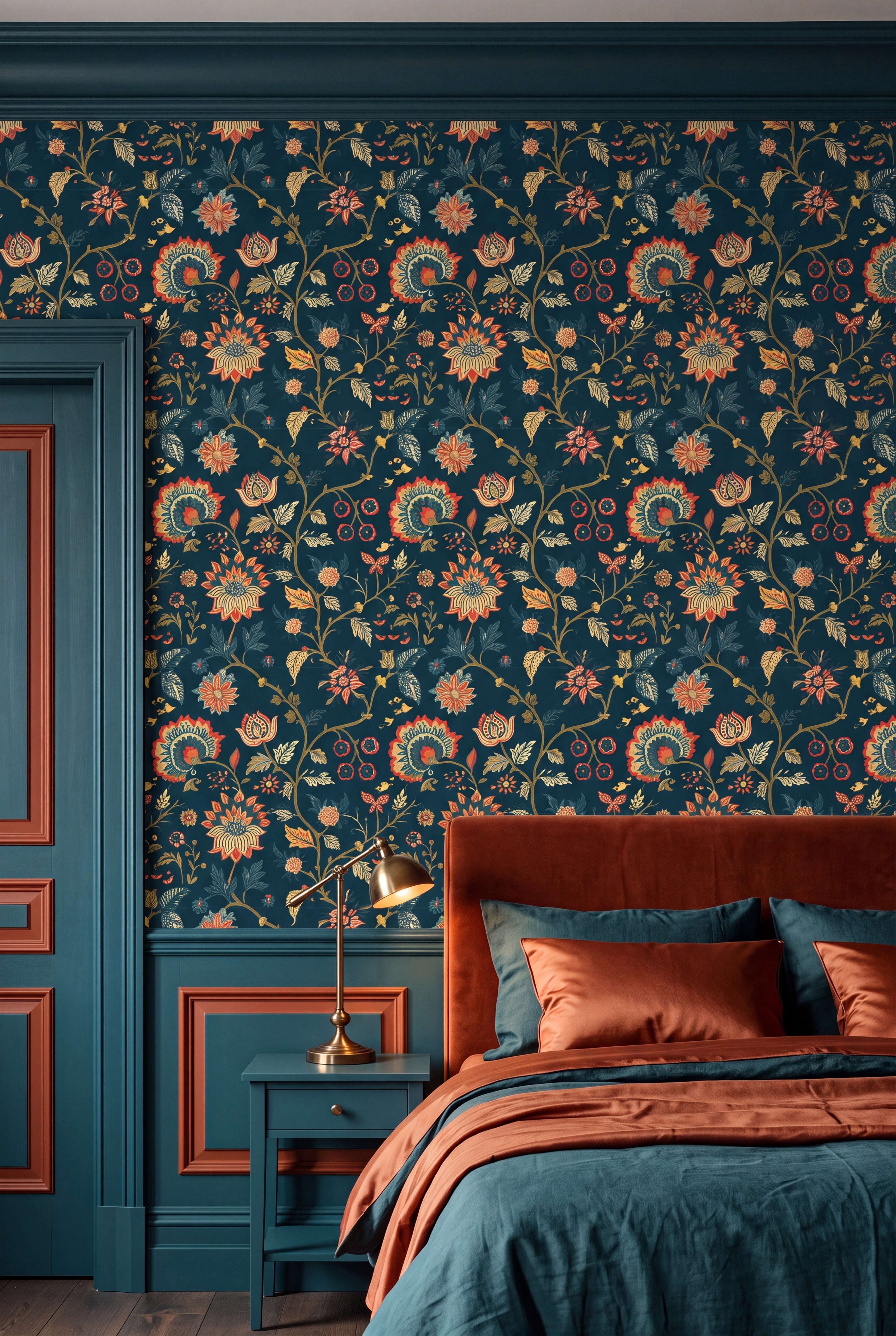 Dense vintage botanicals in deep forest greens on a wallpaper in a bedroom.