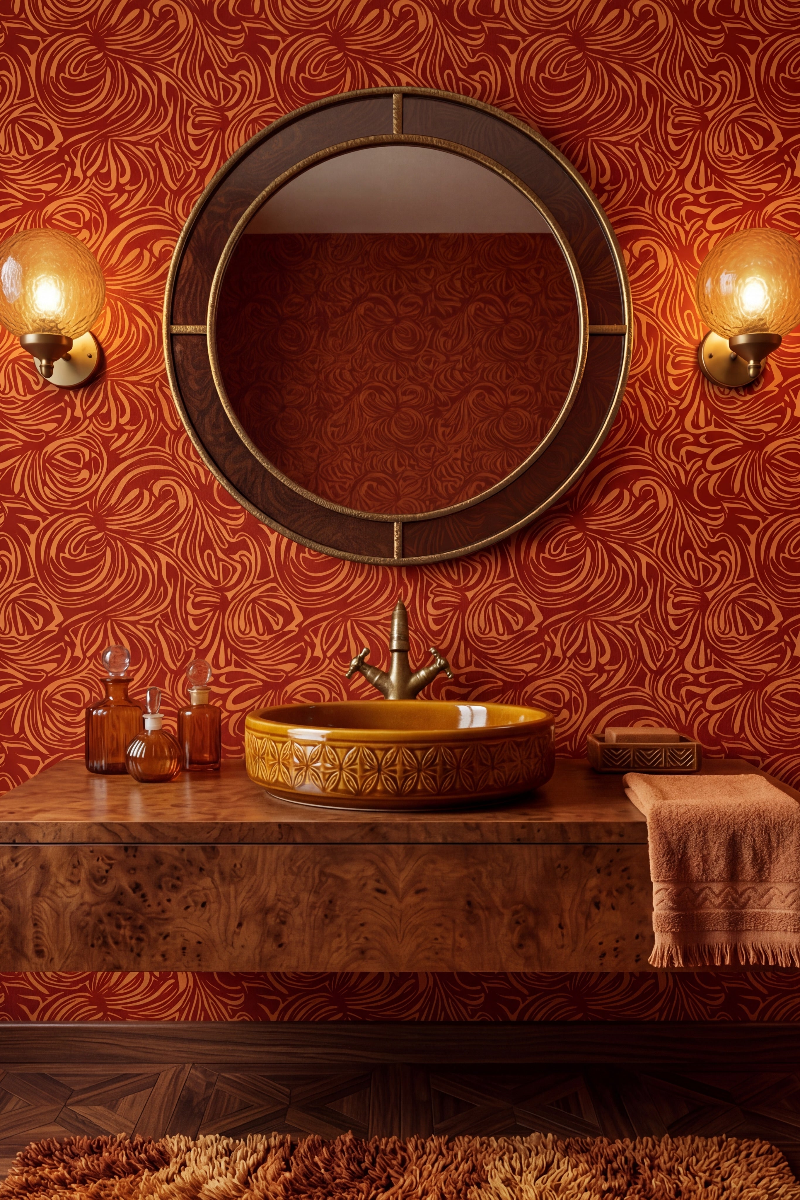 Rust and clay hand-drawn retro curves on warm wallpaper in a powder room.