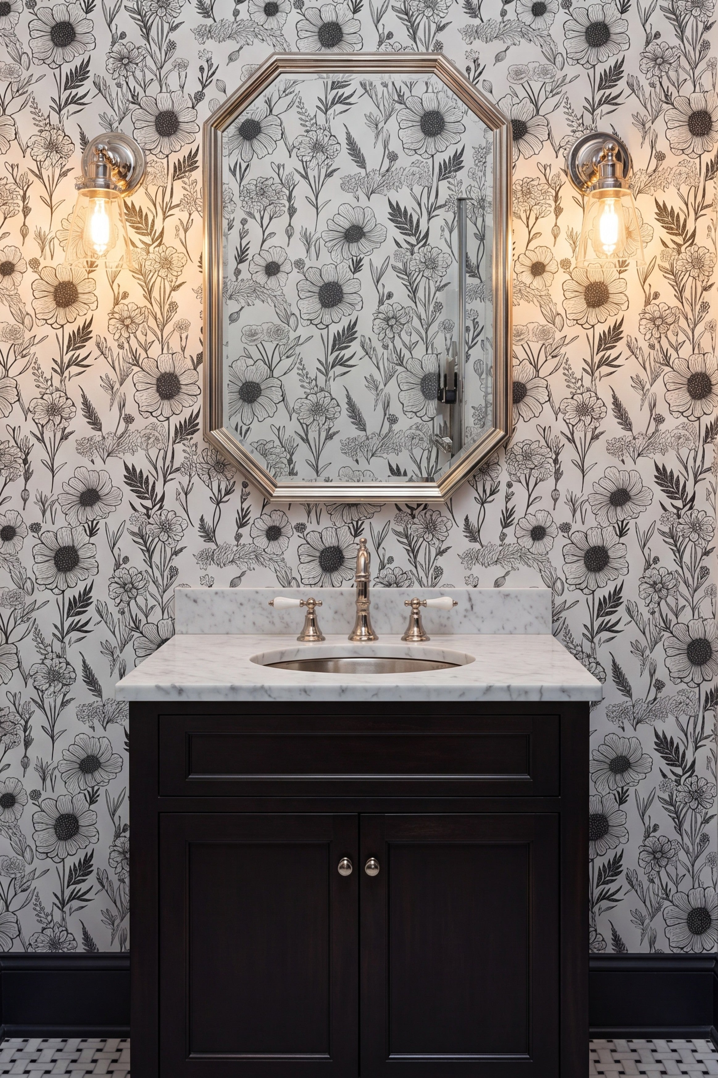 Crisp black-and-white etched botanical florals on a wallpaper in a powder room.