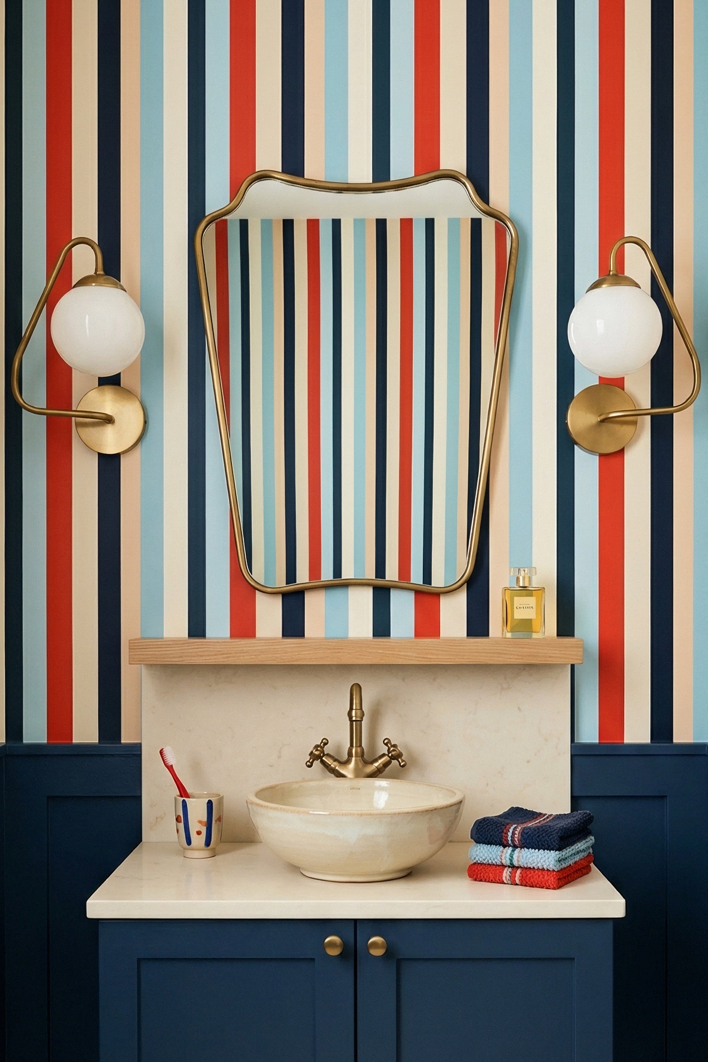 Teal and navy nautical color-block stripe wallpaper in a powder room.