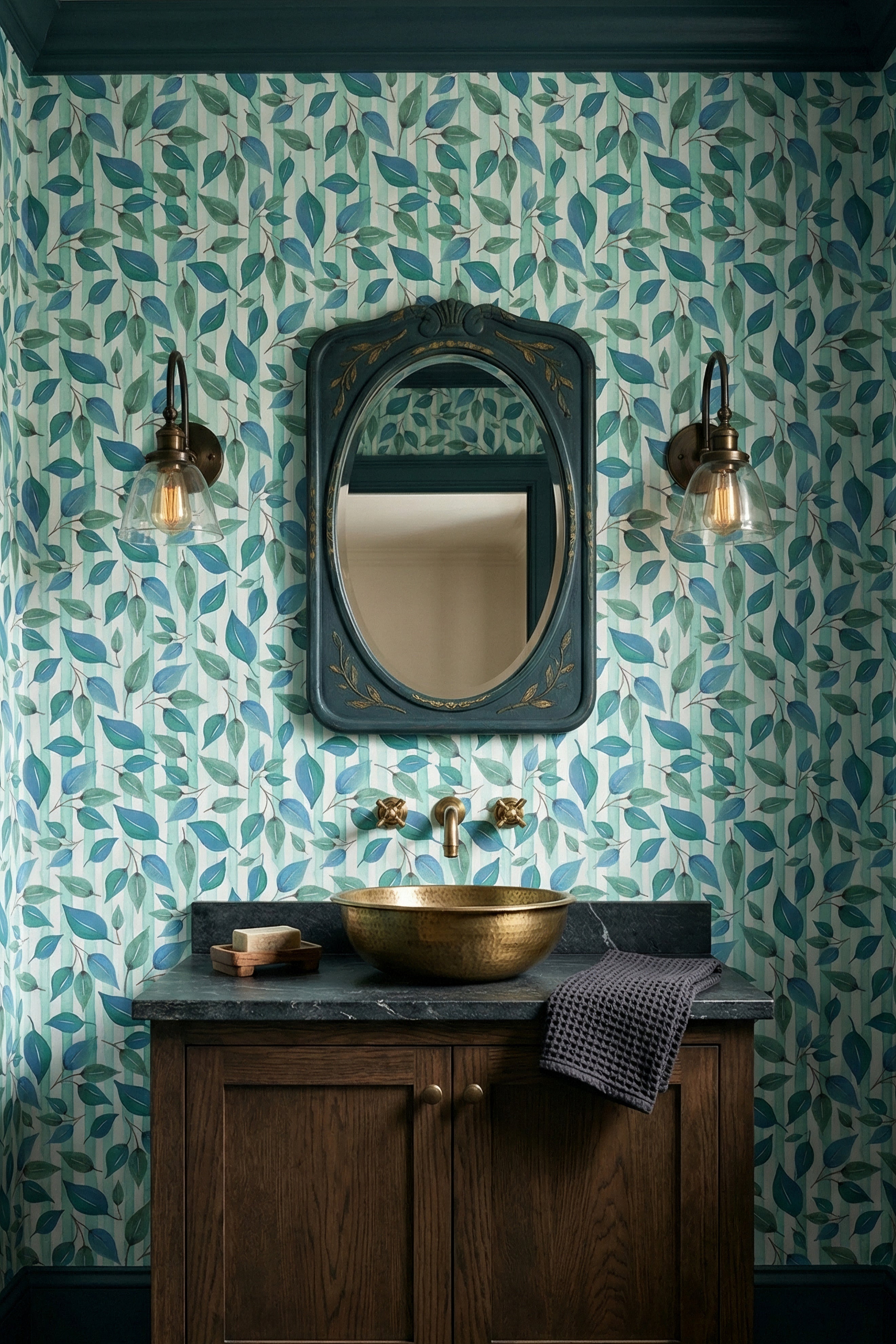 Teal and green brushstroke leaves over soft stripes wallpaper in a powder room.
