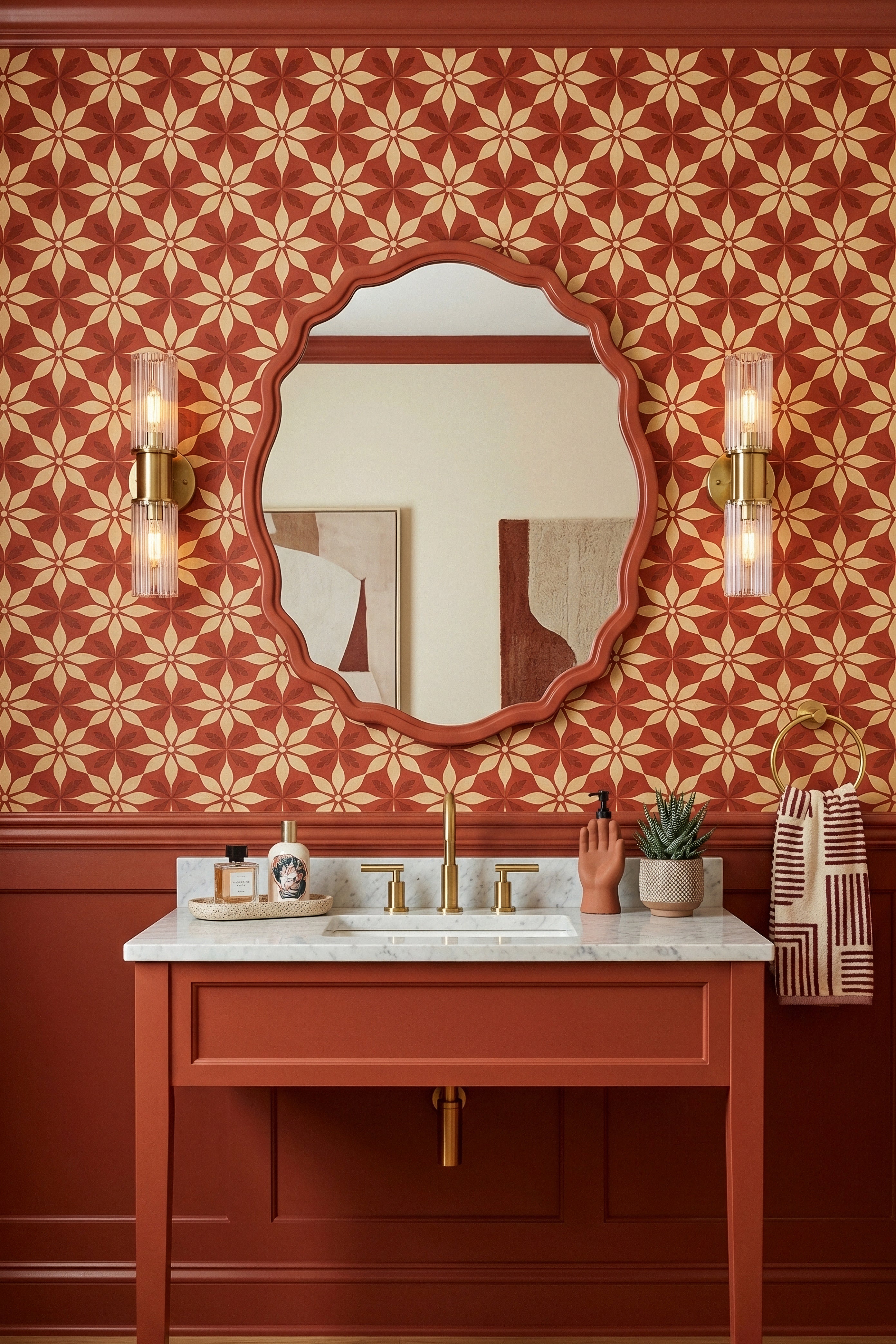Terracotta petal medallions on a sandy linen wallpaper in a powder room.