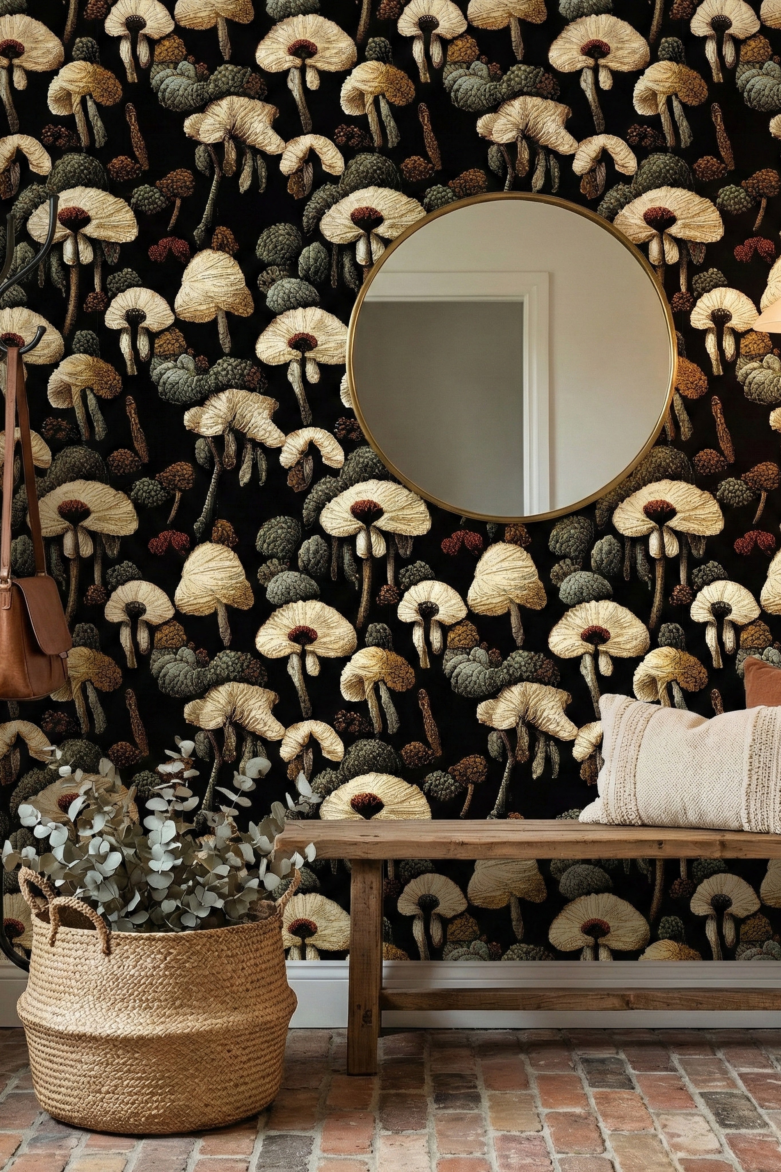 Cream, rust, and sage mushrooms on deep black woodland wallpaper in an entryway.
