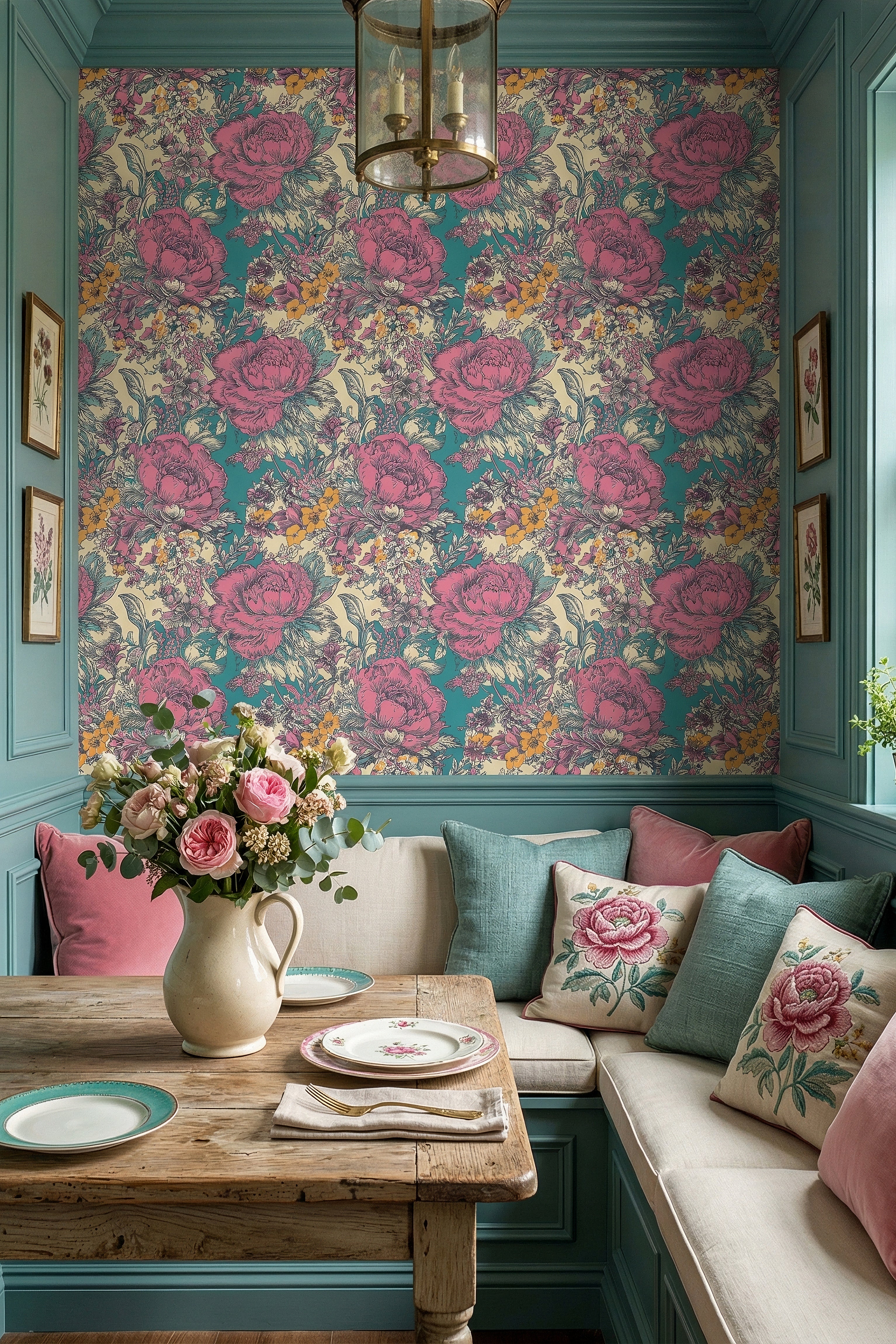 Fuchsia and coral peonies on cream and teal wallpaper in a cozy nook.