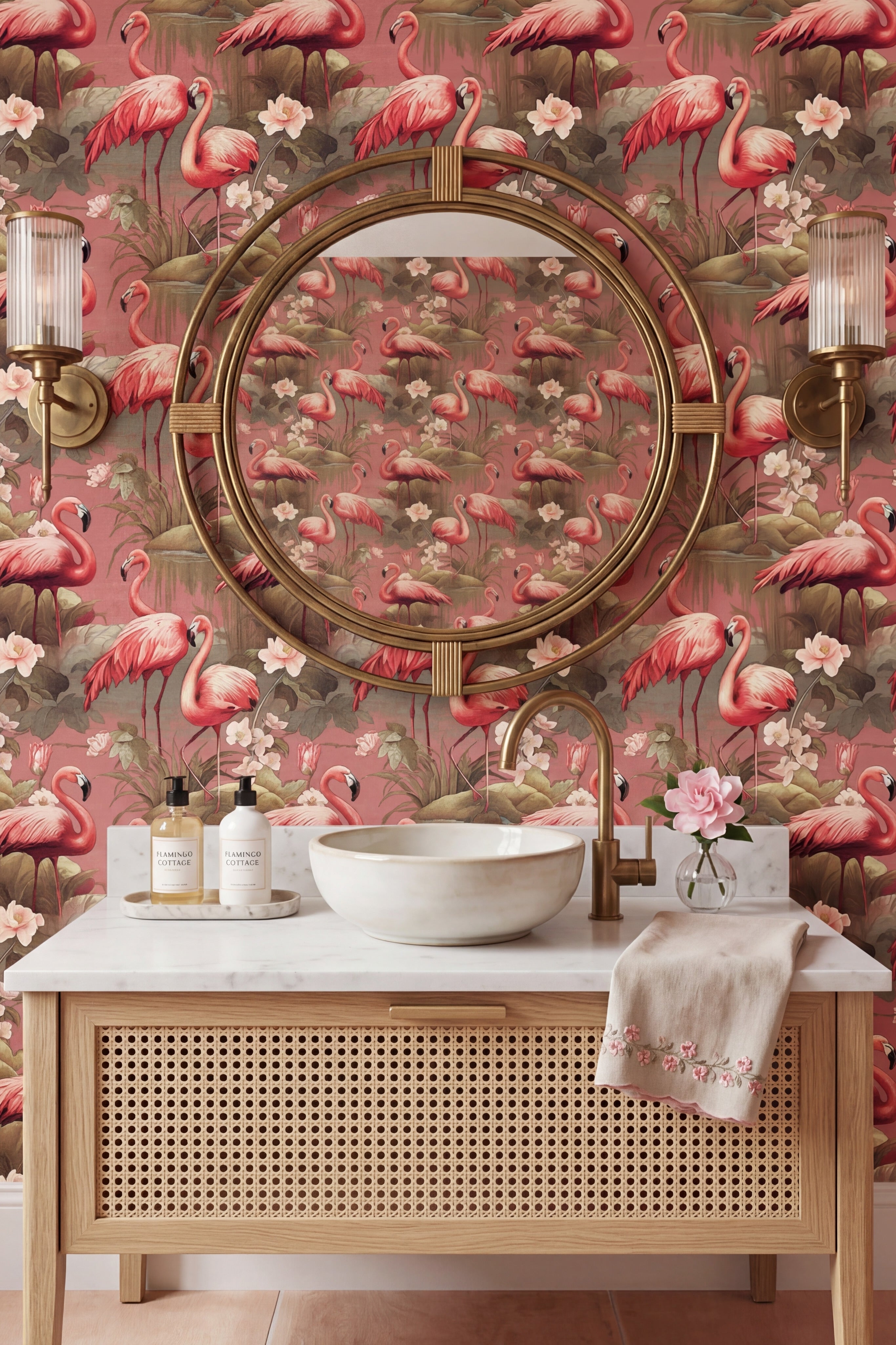 Pink flamingos among green palm fronds on a retro wallpaper in a powder room.
