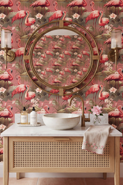 Pink flamingos among green palm fronds on a retro wallpaper in a powder room.