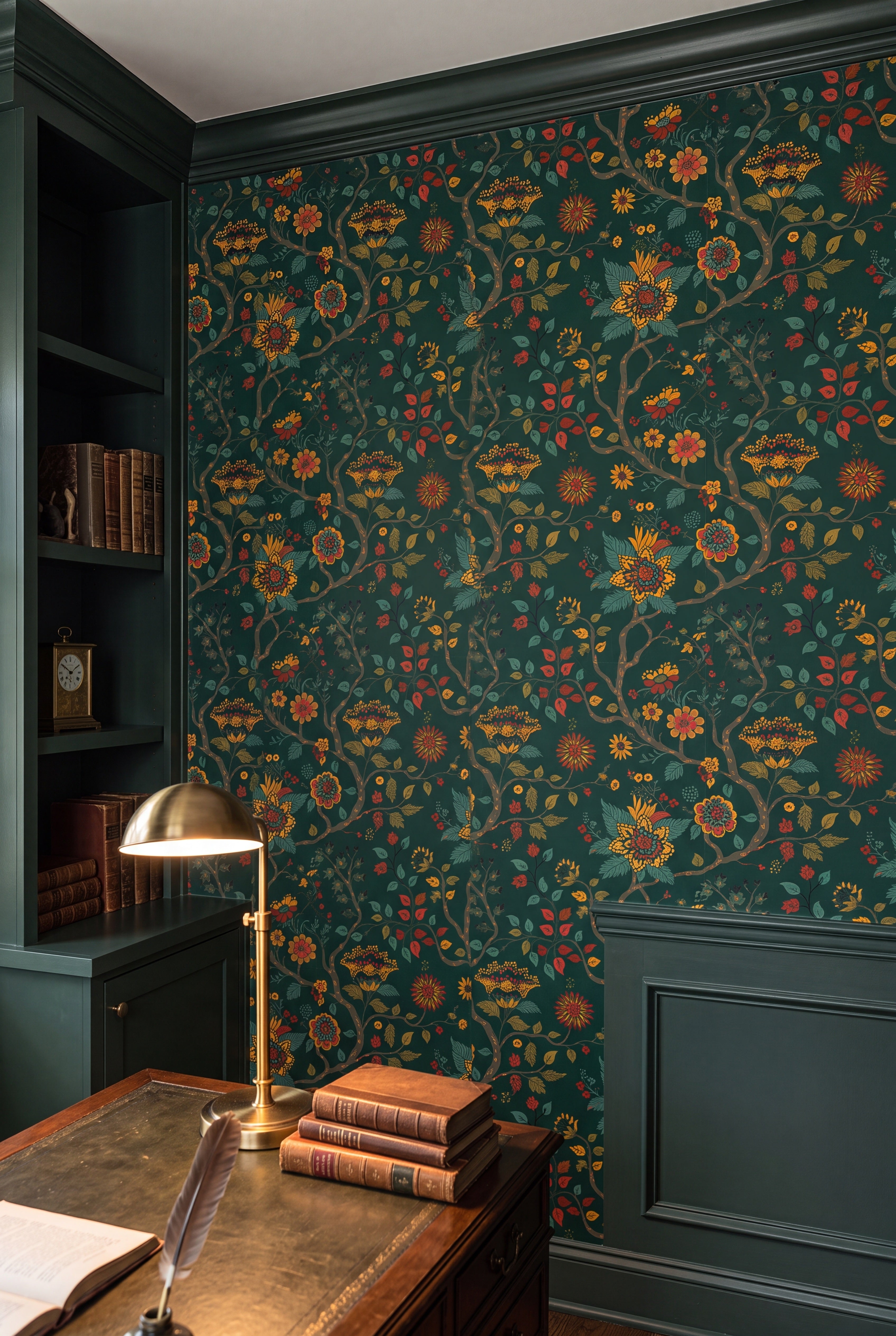 Deep green block-print botanicals on Nordic-style wallpaper in a home office.