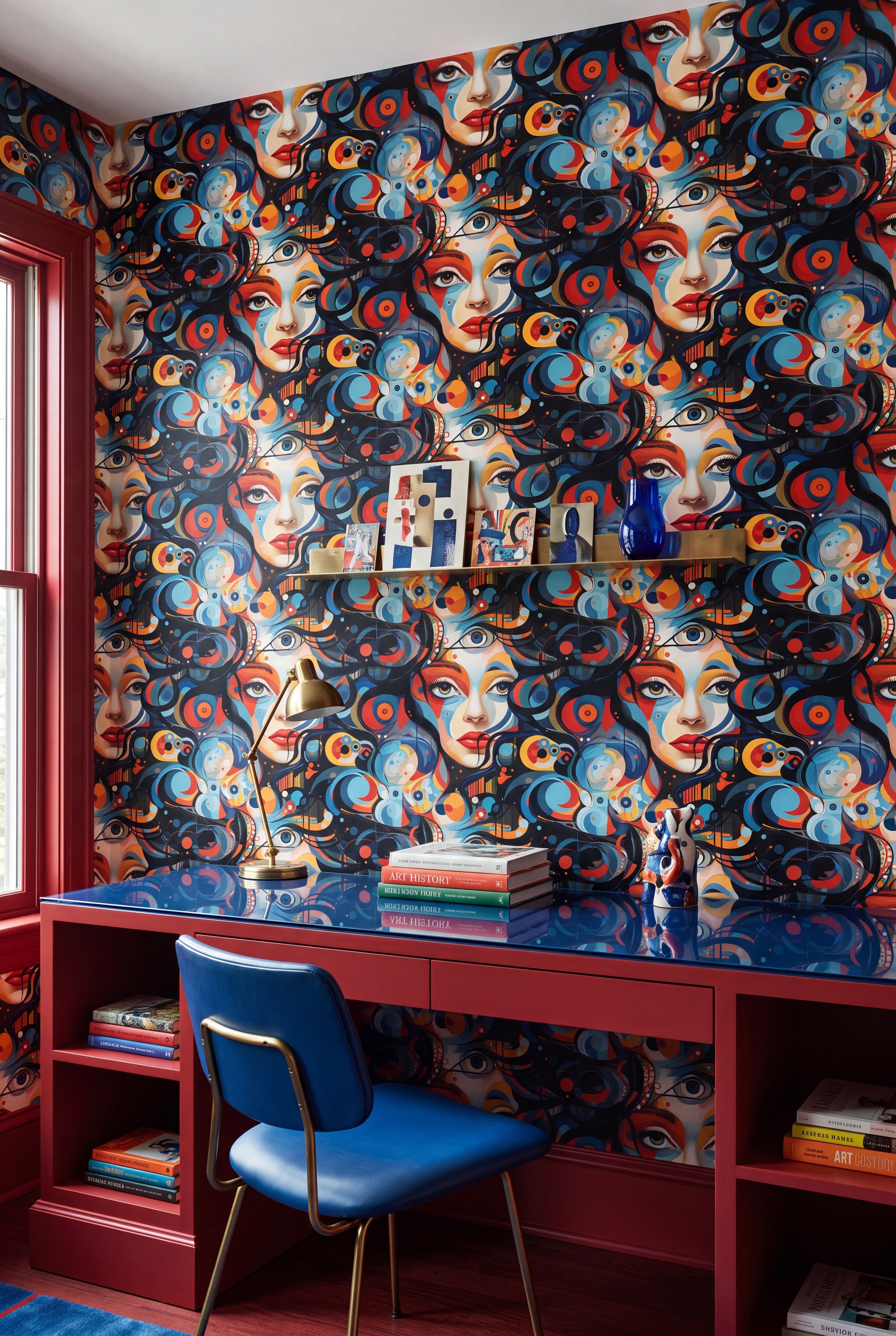 Abstract 80s portrait in dark, moody tones wallpaper in a home office.