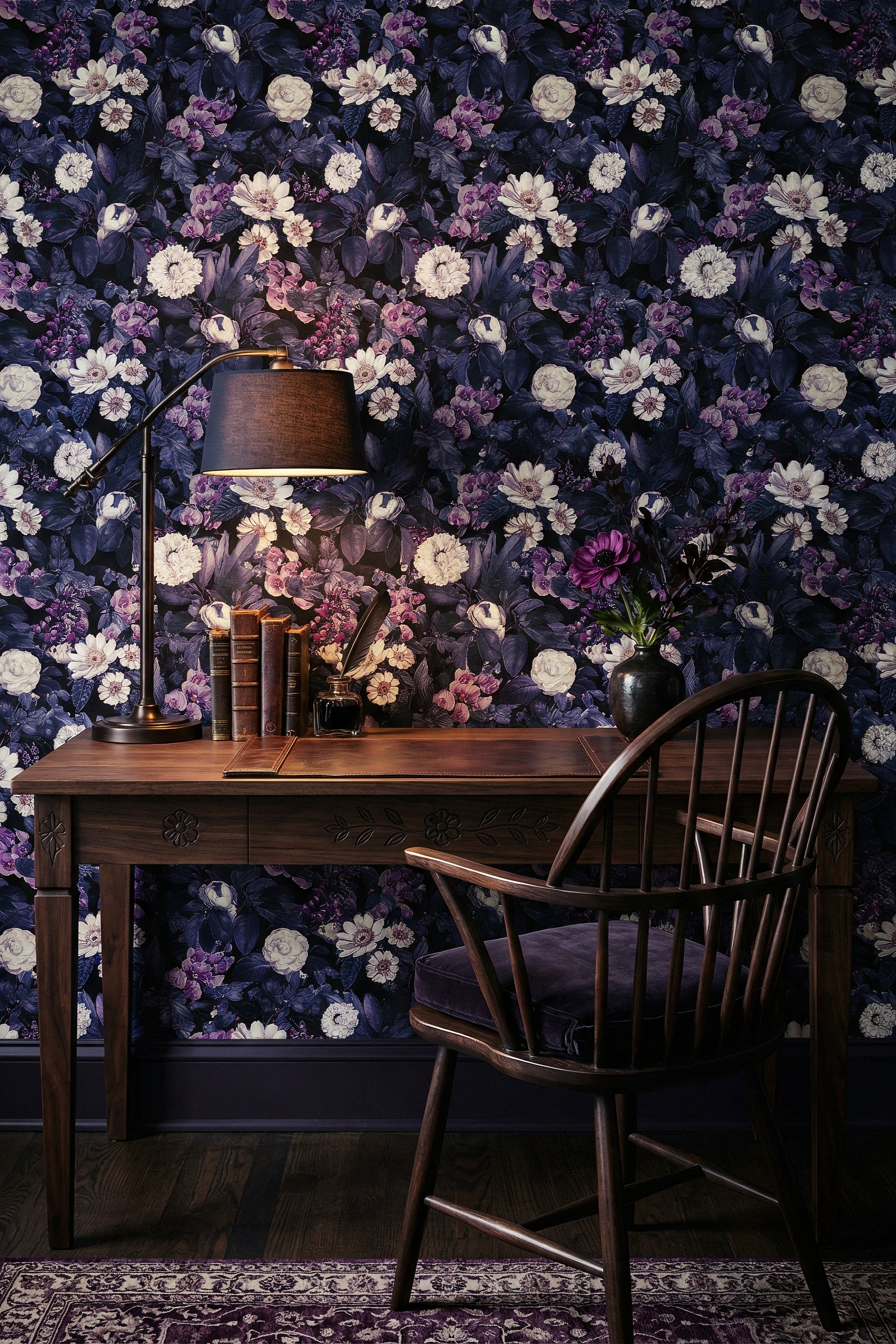 Deep indigo-purple and ivory blossoms on black wallpaper in a home office.