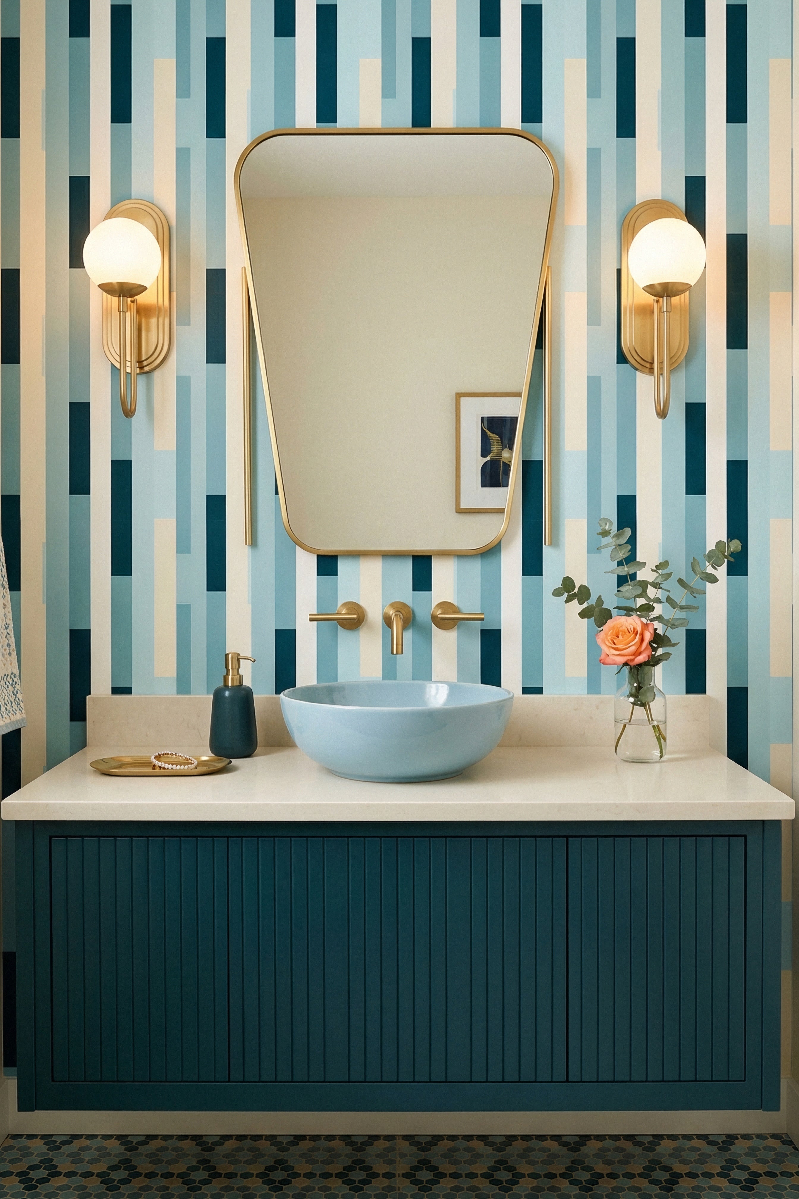Teal, aqua, and cream color-block vertical stripe wallpaper in a powder room.