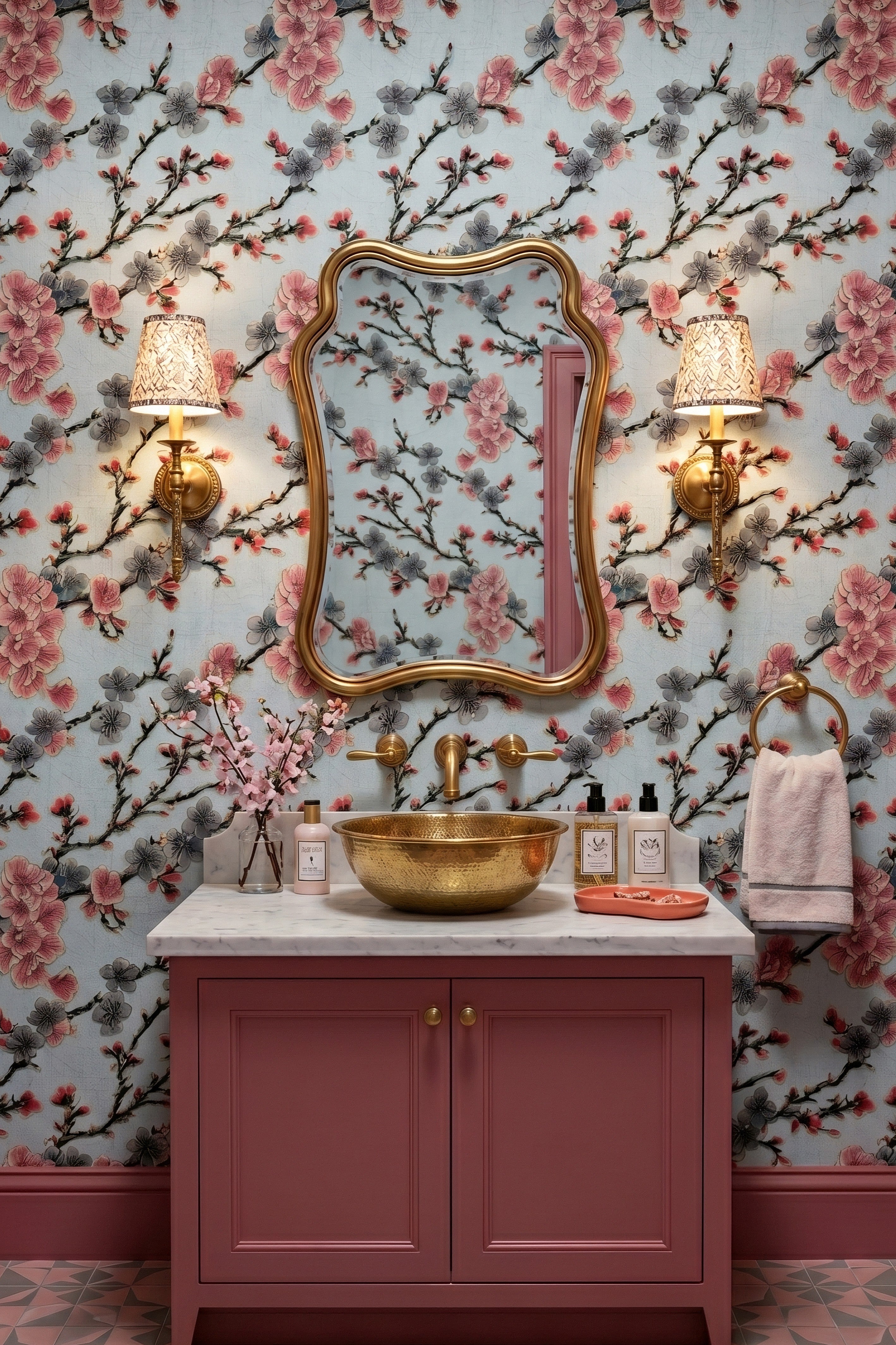 Pink and blue cherry blossoms on a soft sky-blue wallpaper in a powder room.