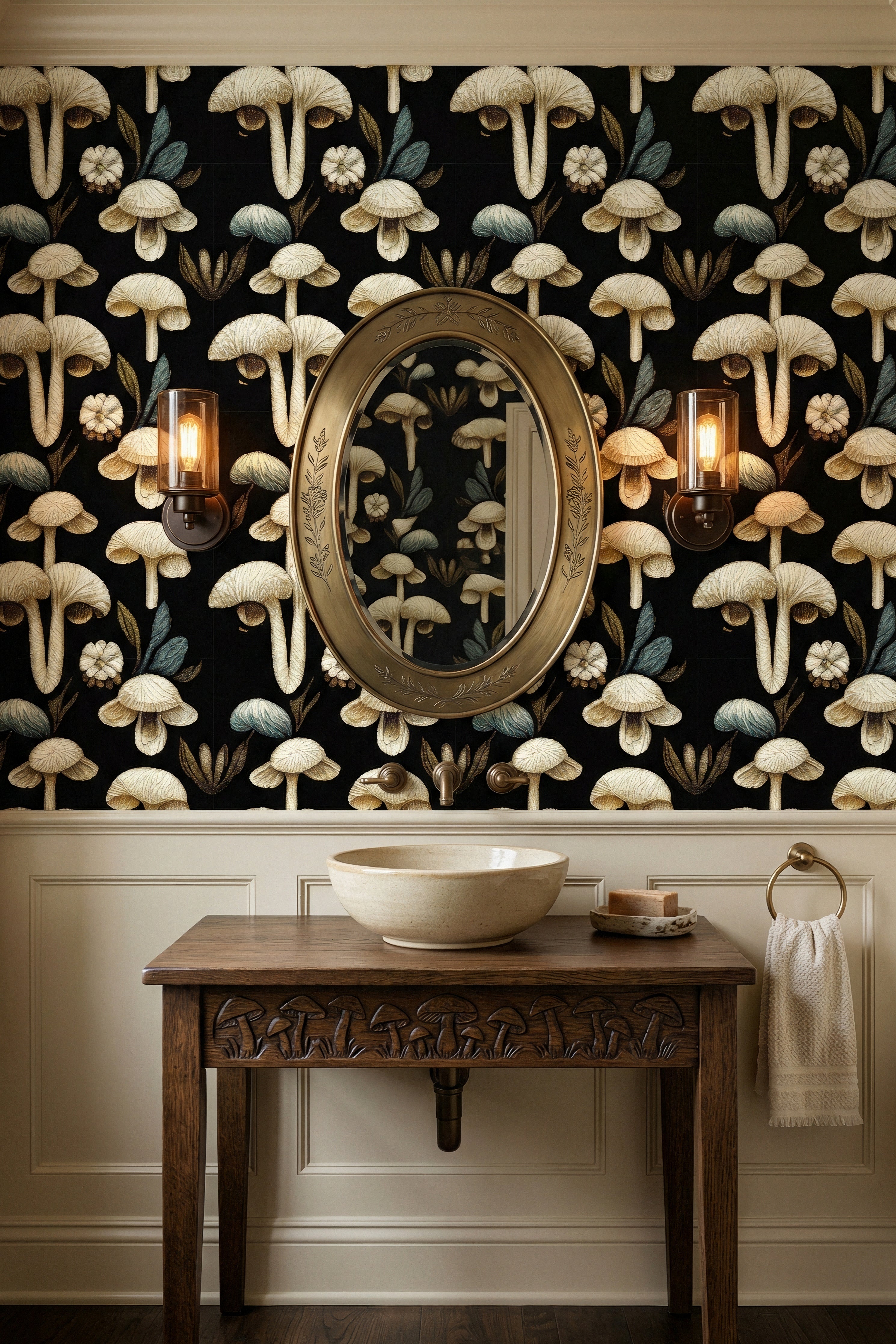 Beige and teal mushrooms on a deep black woodland wallpaper in a powder room.