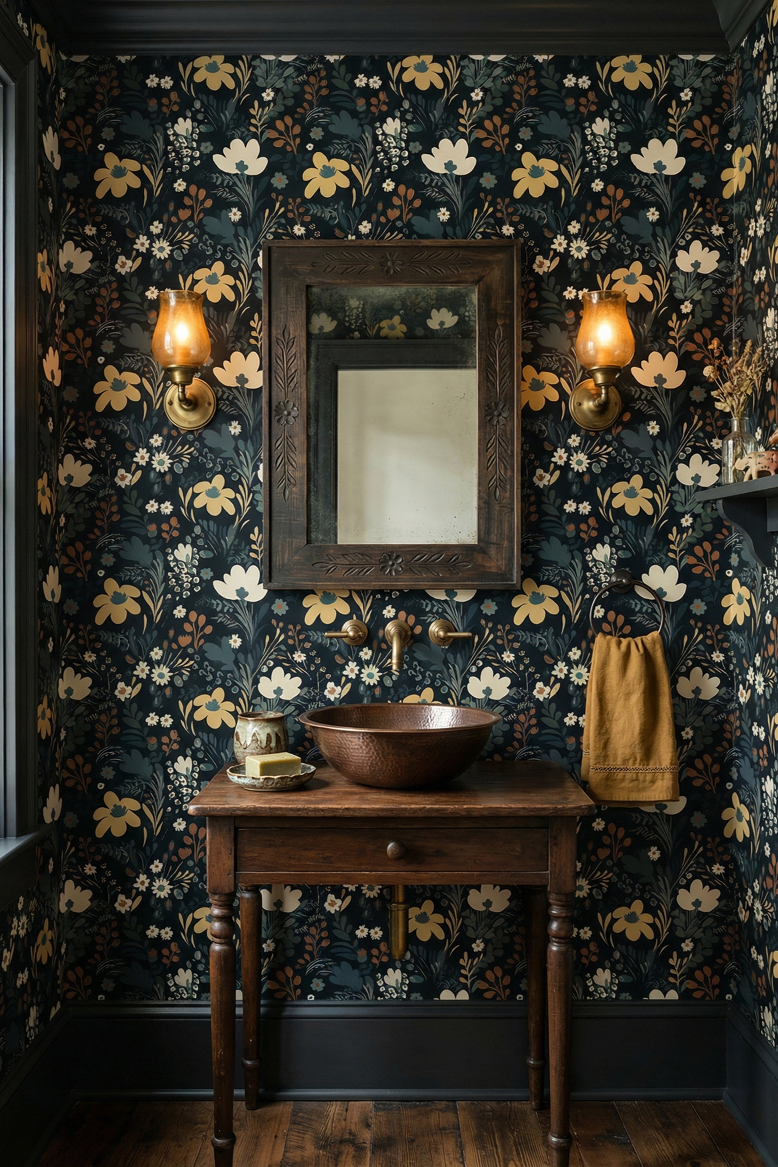 Mustard and teal folk blooms on midnight-blue wallpaper in a powder room.