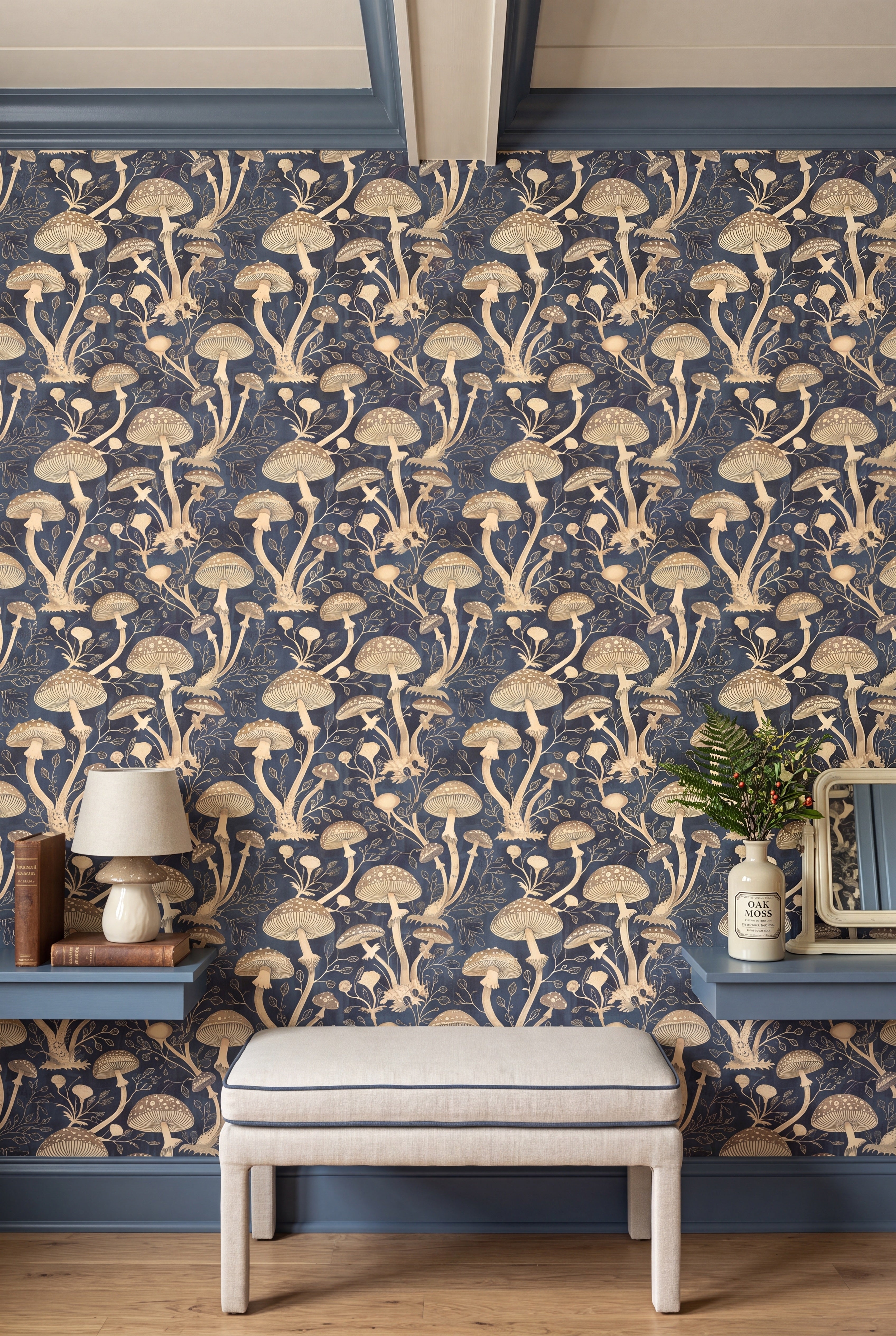 Detailed vintage mushrooms in warm retro tones on a wallpaper in a bedroom.