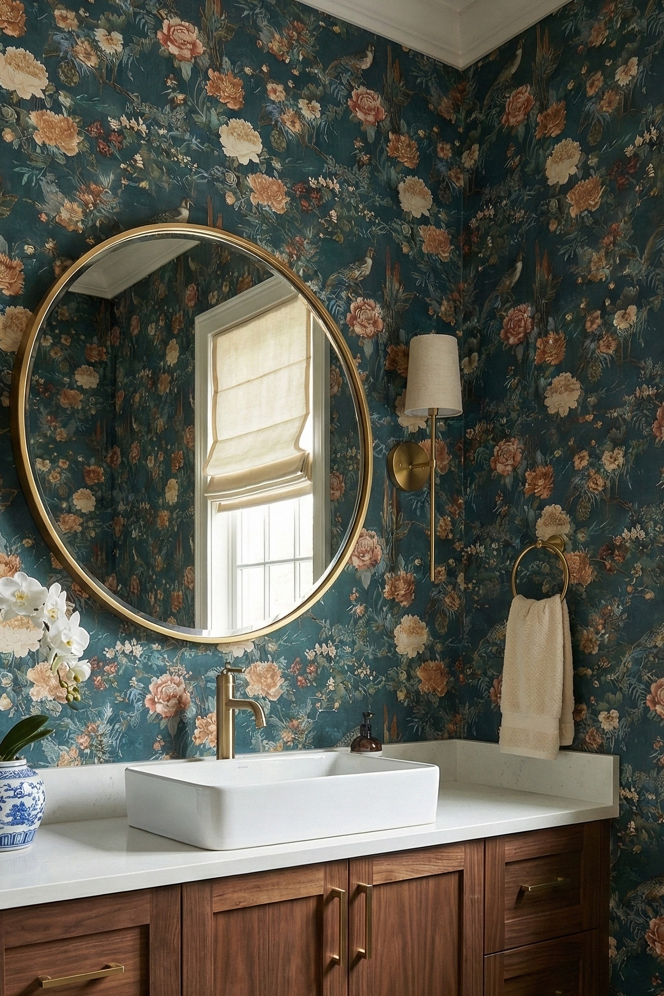 Peach and gold birds and blossoms on teal chinoiserie wallpaper in a powder room.
