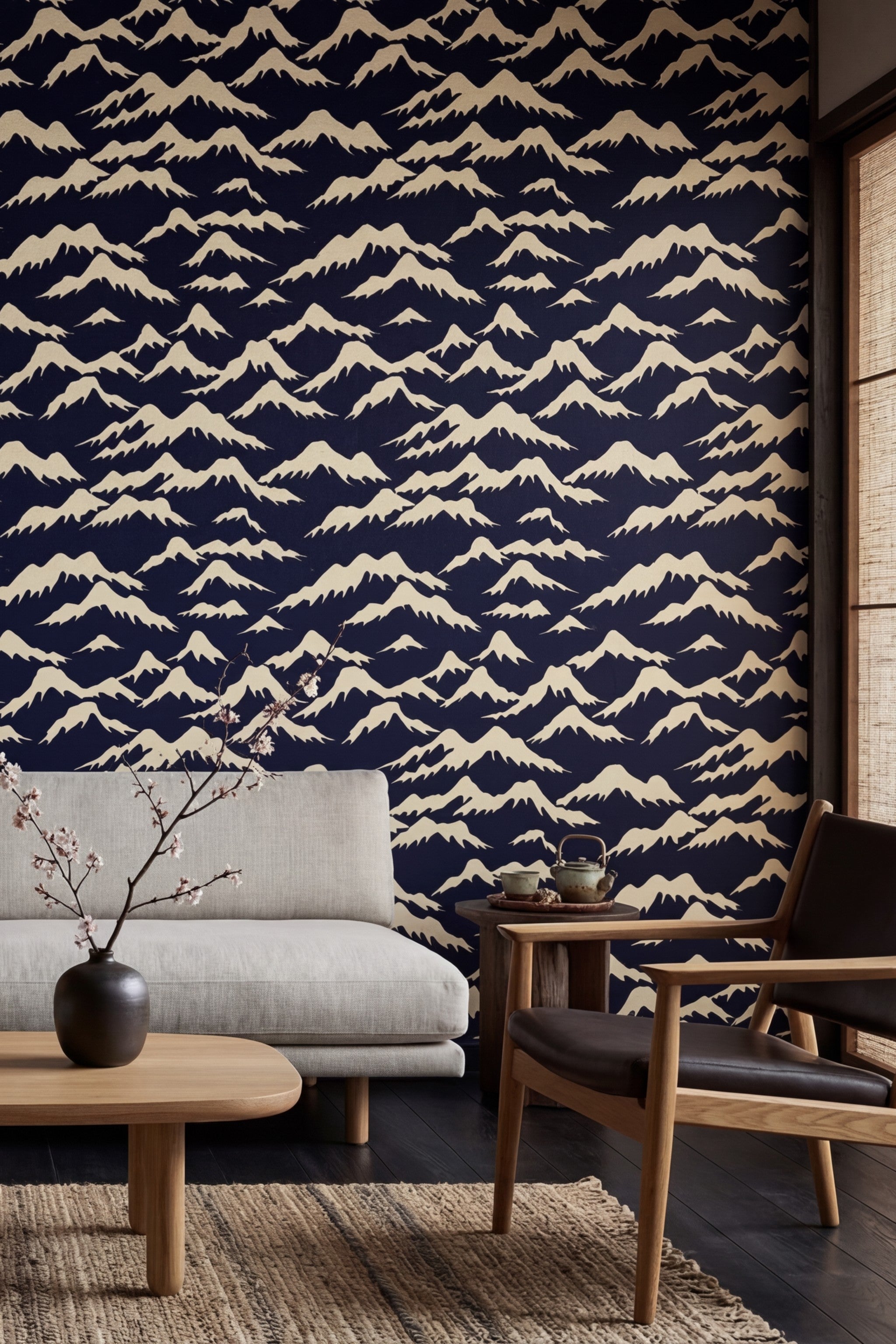 Black and cream wave pattern wallpaper in a living room.