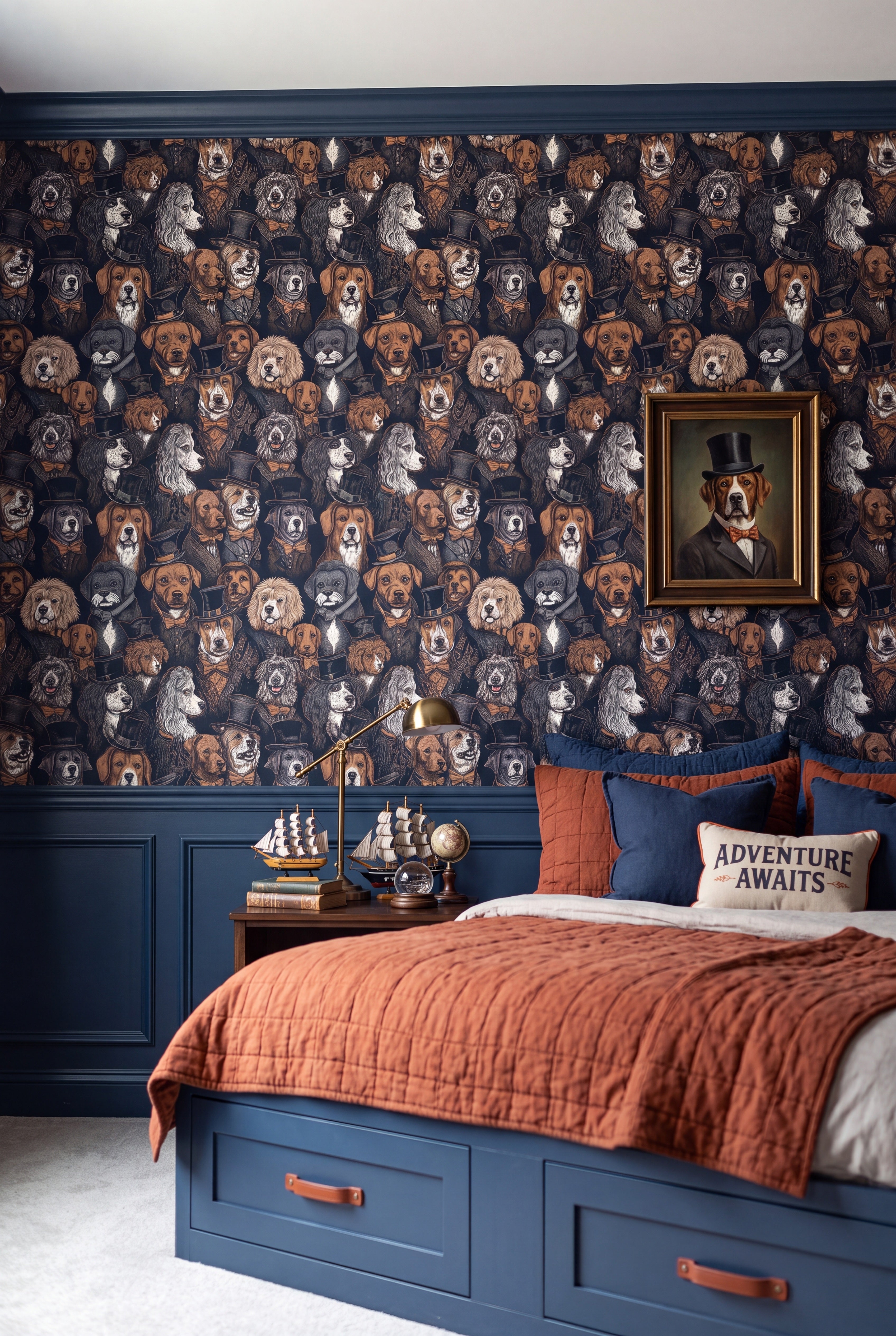 Refined vintage dog silhouettes on a soft neutral wallpaper in a bedroom.