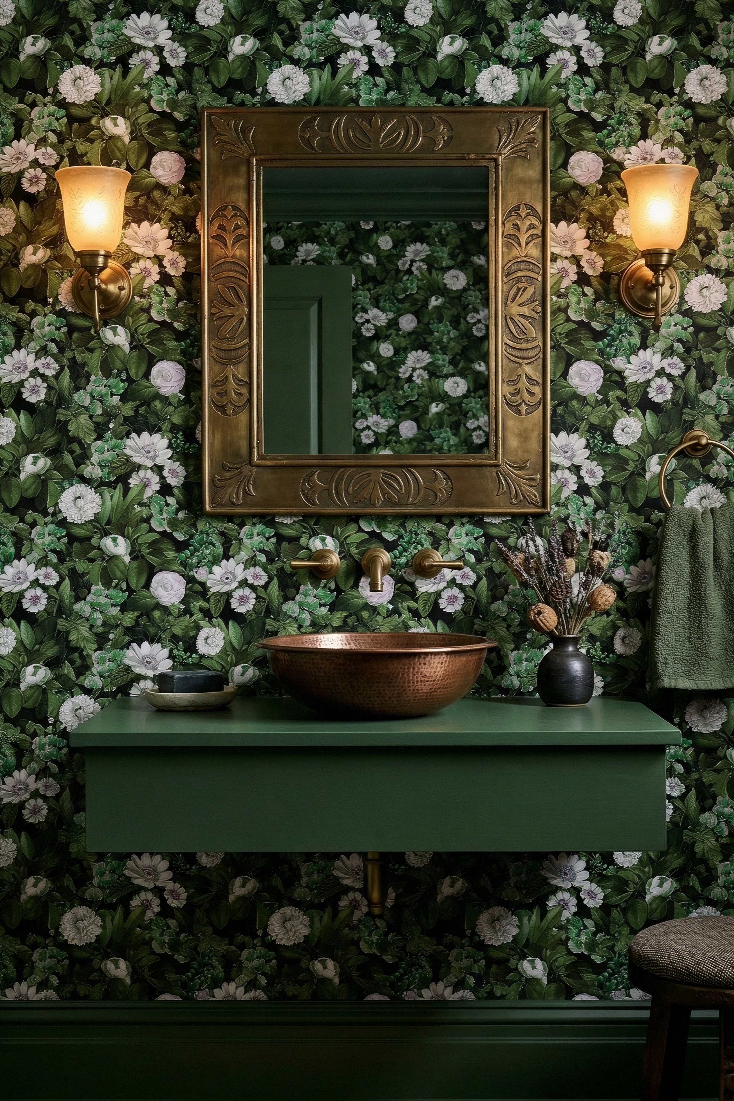 Emerald leaves and cream blossoms on black botanical wallpaper in a powder room.